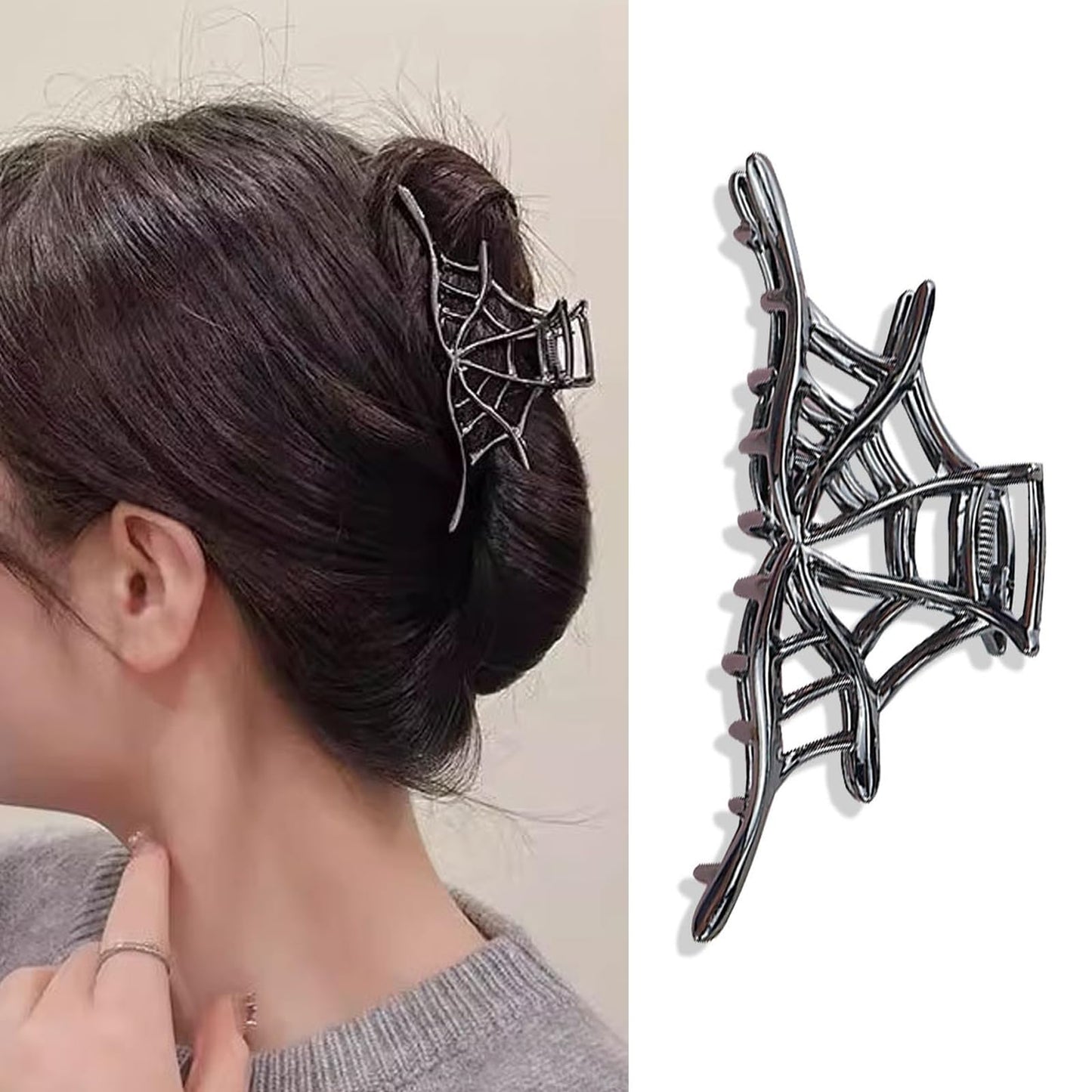 Halloween Hair Clips Spider Web Hair Claw Clips 1Pcs Black Spider Web Metal Hair Jaw Clips Strong Hold Nonslip Halloween Alloy Hair Claw Punk & Y2K-Style Hair Accessories Supplies for Women Girls