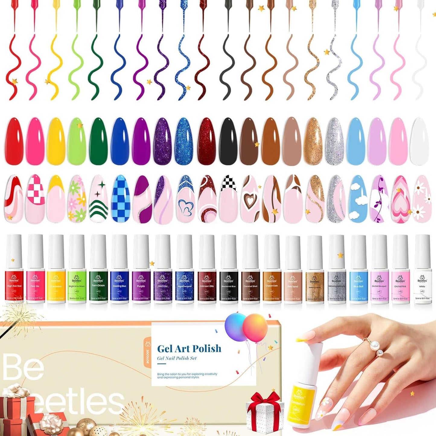 beetles Gel Polish Nail Art Gel Liner Nail Polish Set- 20 Colors Liner Gel Polish Pink Blue White Red Brown Glitter Gel Nail polish Soak Off UV Gel Built Thin Nail Brush in Bottle Gifts for Women