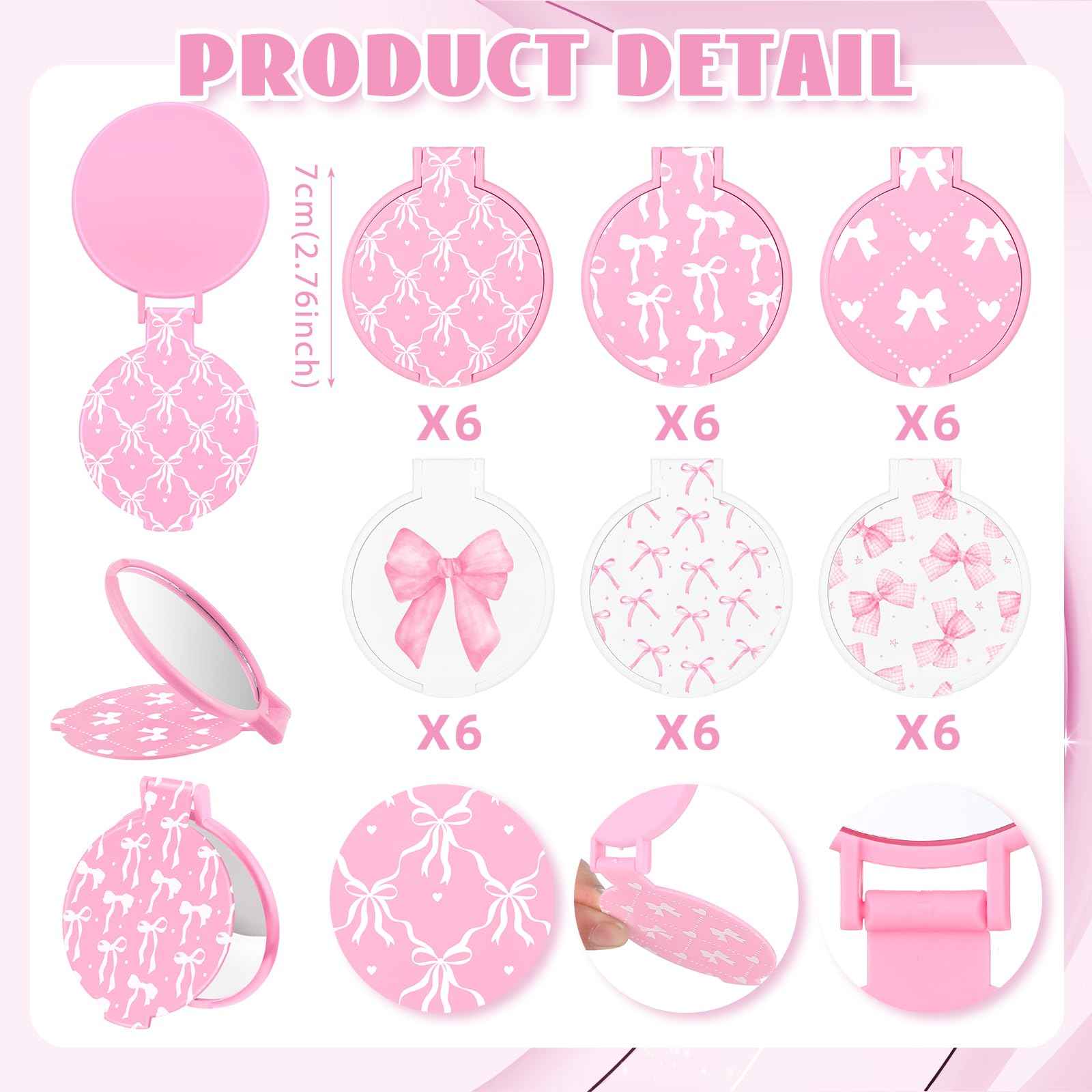 Namalu 36 Pcs Pink Bow Coquette Mini Compact Mirrors Party Aesthetic Gifts Bulk for Women Wedding Bridal Travel Portable Round Pocket Makeup Mirror Gift for Purse Party Favors Breast Cancer