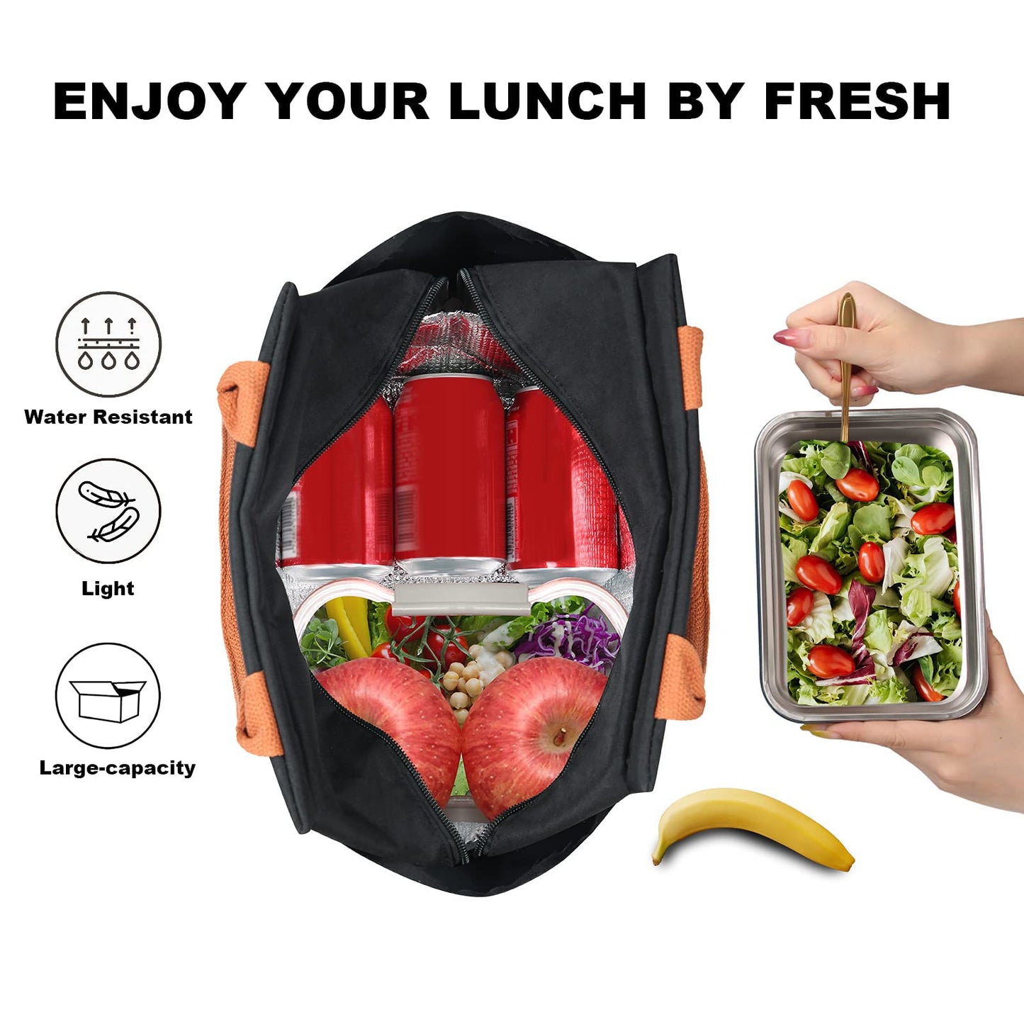 Joymee Lunch Bag Women Insulated Lunch Box Reusable Leakproof Large Spacious Cooler Tote for Women Men Adult with Bottle Holder and Side Pockets for Work Office Travel Picnic - Black