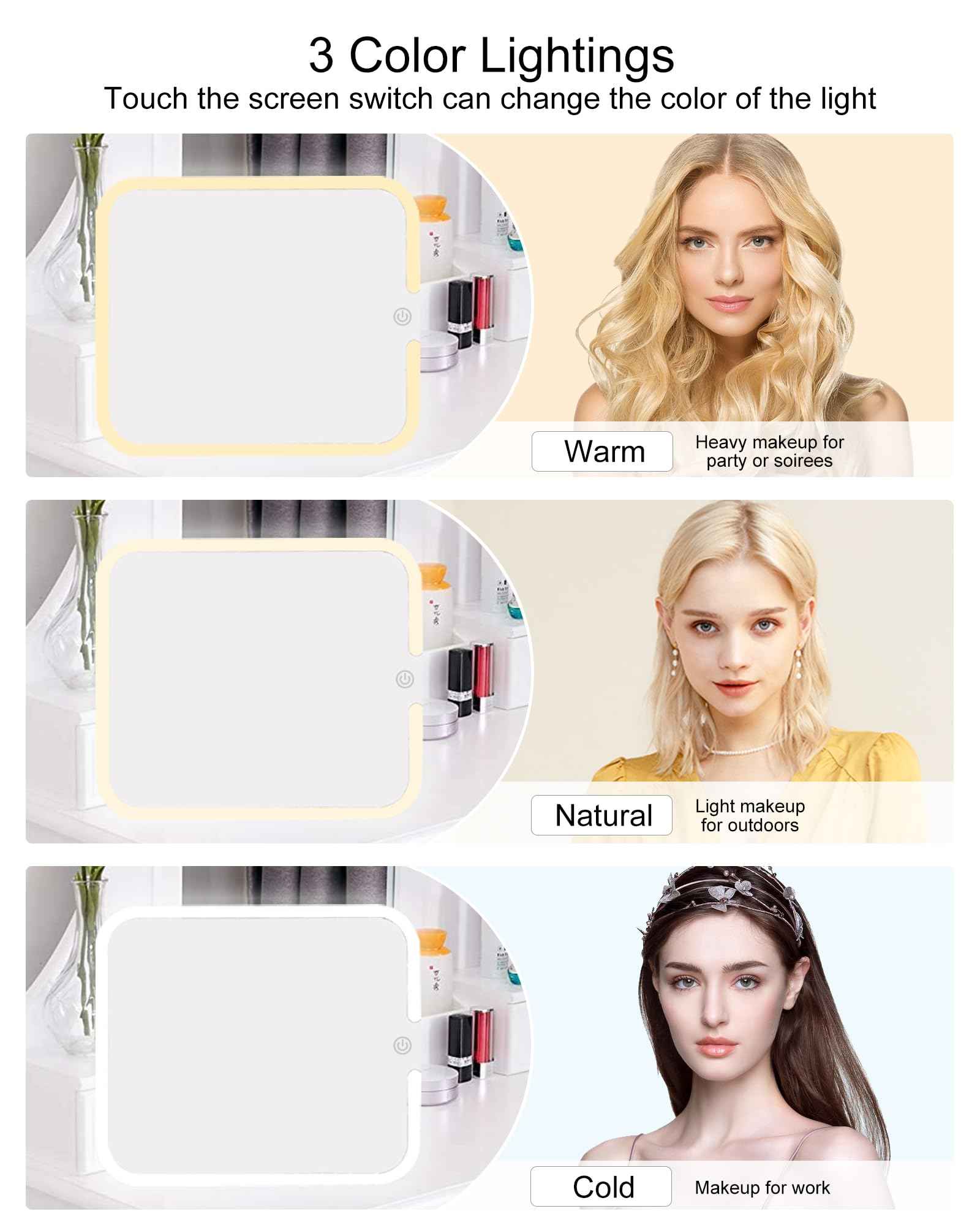 Relavel Makeup Mirror with Lights, LED Replacement for Makeup Bag, 3 Color Lights, Brightness Adjustable, 8.3 x 5.1 Inches