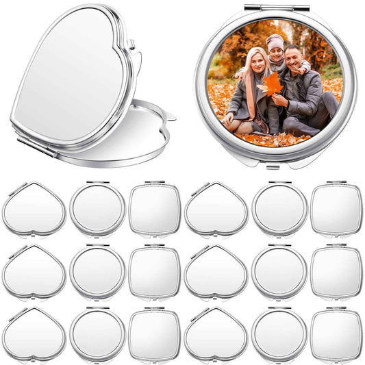 Jetec 18 Pcs Sublimation Blanks Products Small Compact Mirror Bulk Heat Transfer Folding Pocket Makeup Mirror Heart Round Square Double Sided Handheld Sublimation Mirror for Women Gift Purse Travel