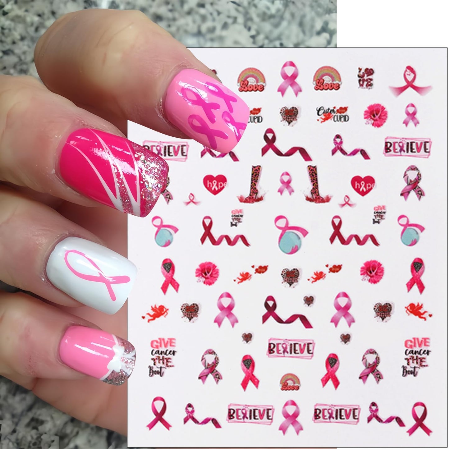 Breast Cancer Nail Art Stickers 3D Self-Adhesive Nail Decals Pink Ribbon Nail Stickers Heart Breast Cancer Awareness Nail Design Stickers Nail Supplies for Women Girls DIY Manicure Decoration 6Sheets