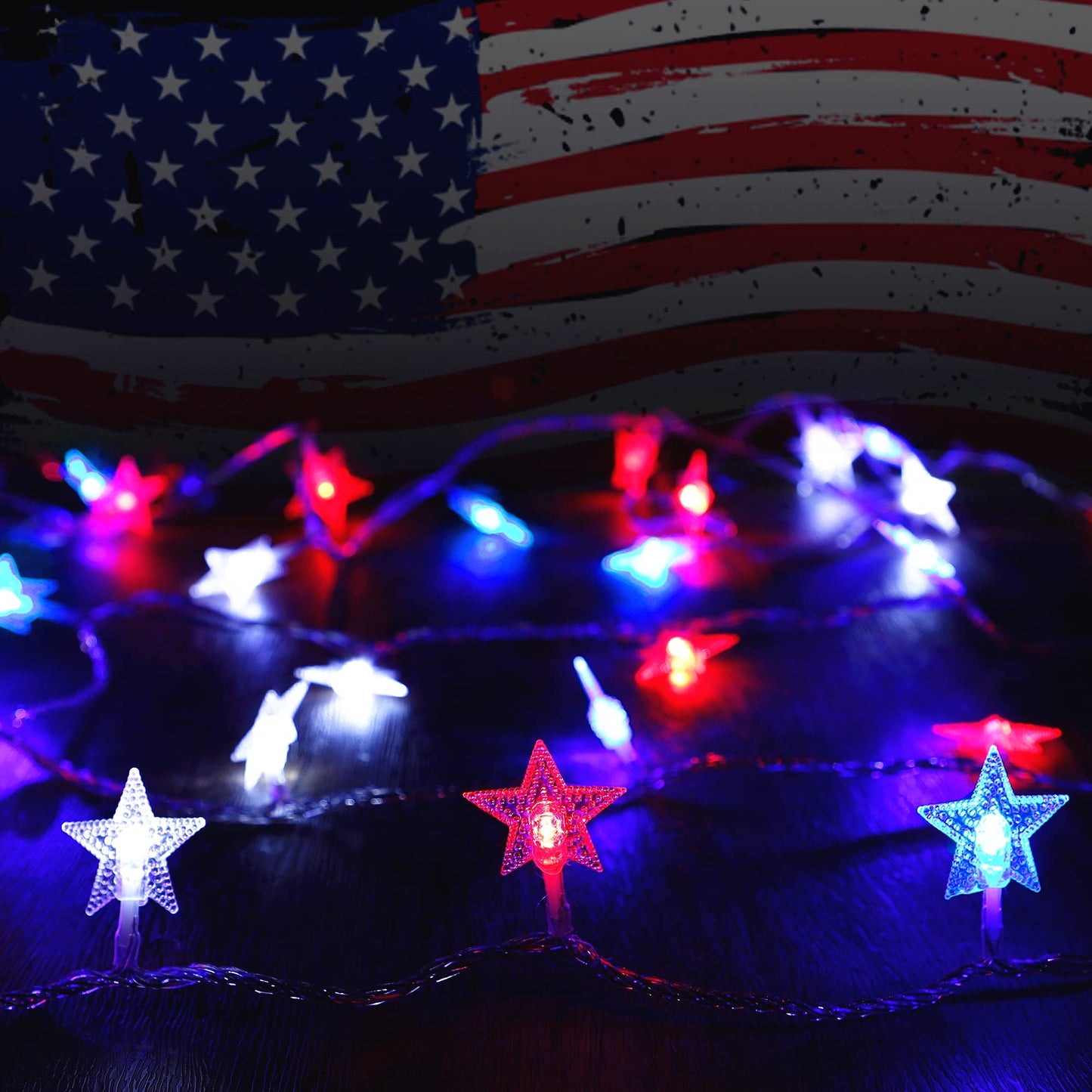 Twinkle 100 LED 49FT Red White Blue Star String Lights, 4th of July Decoration Lights, Plug in Fairy String Lights Waterproof, Extendable for Indoor, Outdoor, Independence Day Decor