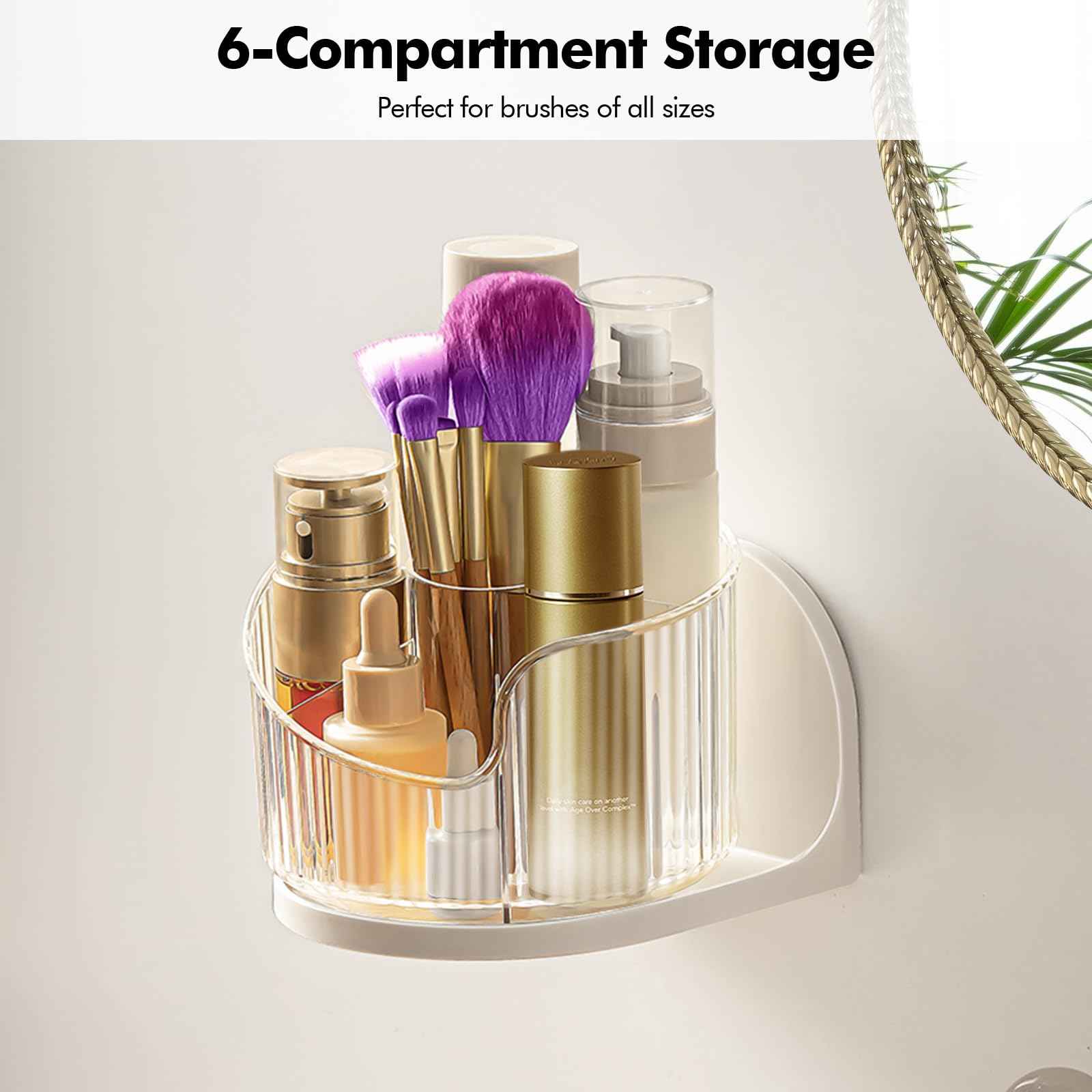 Poeland Wall Mounted Makeup Brushes Organizer, 360 Rotating Makeup Holder with 6 Compartments for Skincare Products, Makeup Brushes