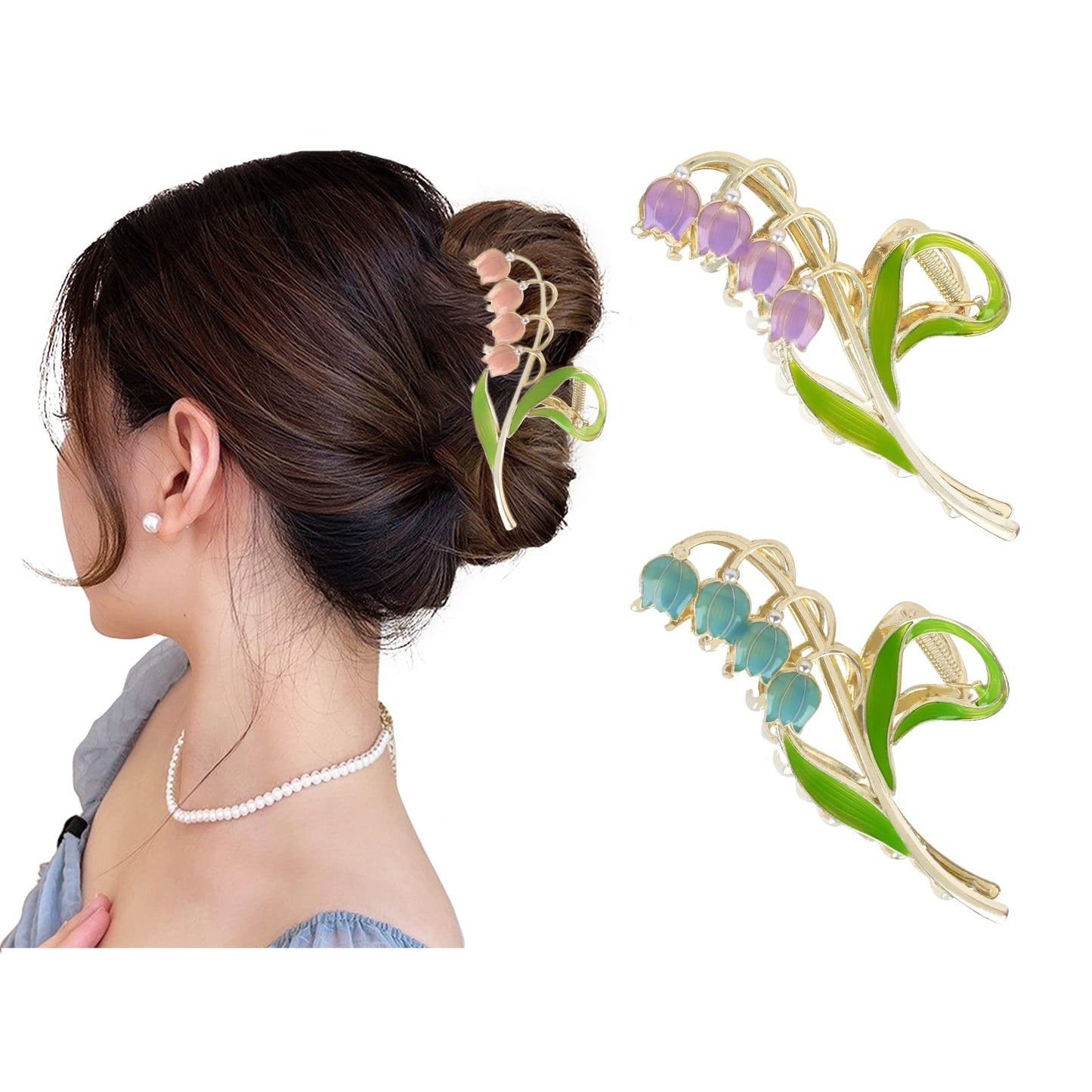 Yonchic 3-Piece Floral Metal Hair Clips, Lily of the Valley Hair Claw for Thin/Medium Thick Hair Claws, Elegant Barrettes Strong Hold Hair Clamps Non Slip Hair Clip Accessories