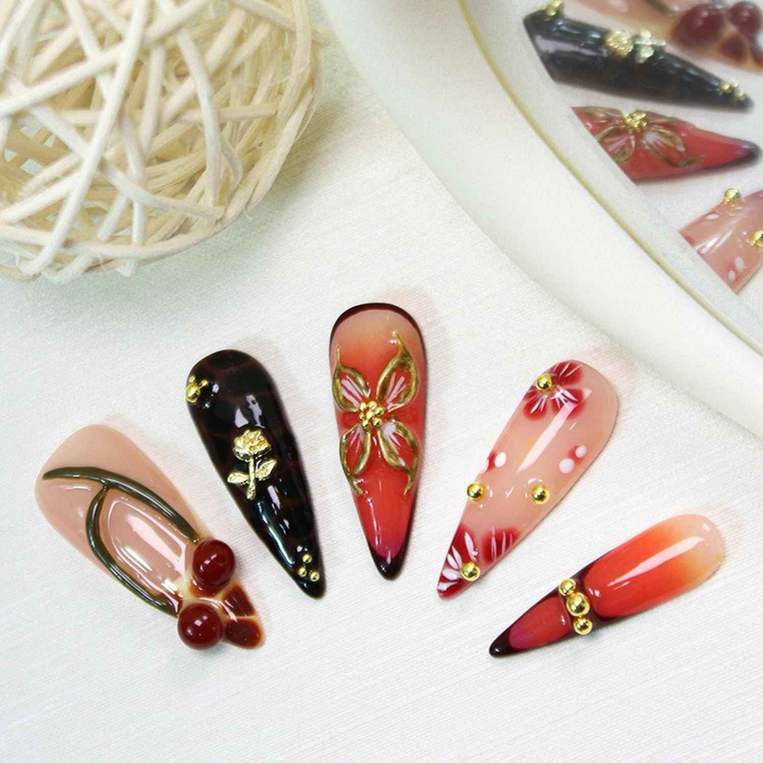 Handmade Press on Nails Medium Almond Fake Nail Unique 3D Floral & Cherry Designs Gold Rose Red Gradient Reusable Flower Stick on Nail Thicked French Tip Acrylic False Nails for Women (M)