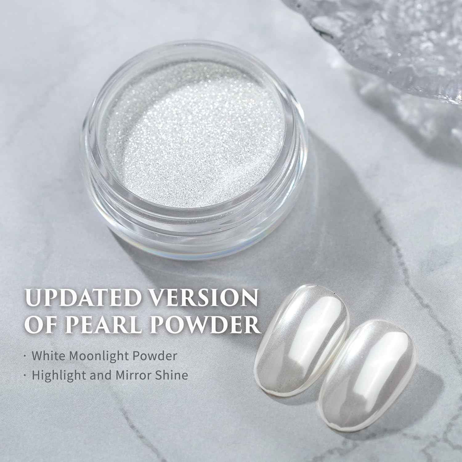 Pretty Diva White Chrome Nail Powder - 2 Colors White Pearl and Moonlight Chrome Powders for Nails, Highlight Moonlight Mirror Nails Powder Metalic Pigment