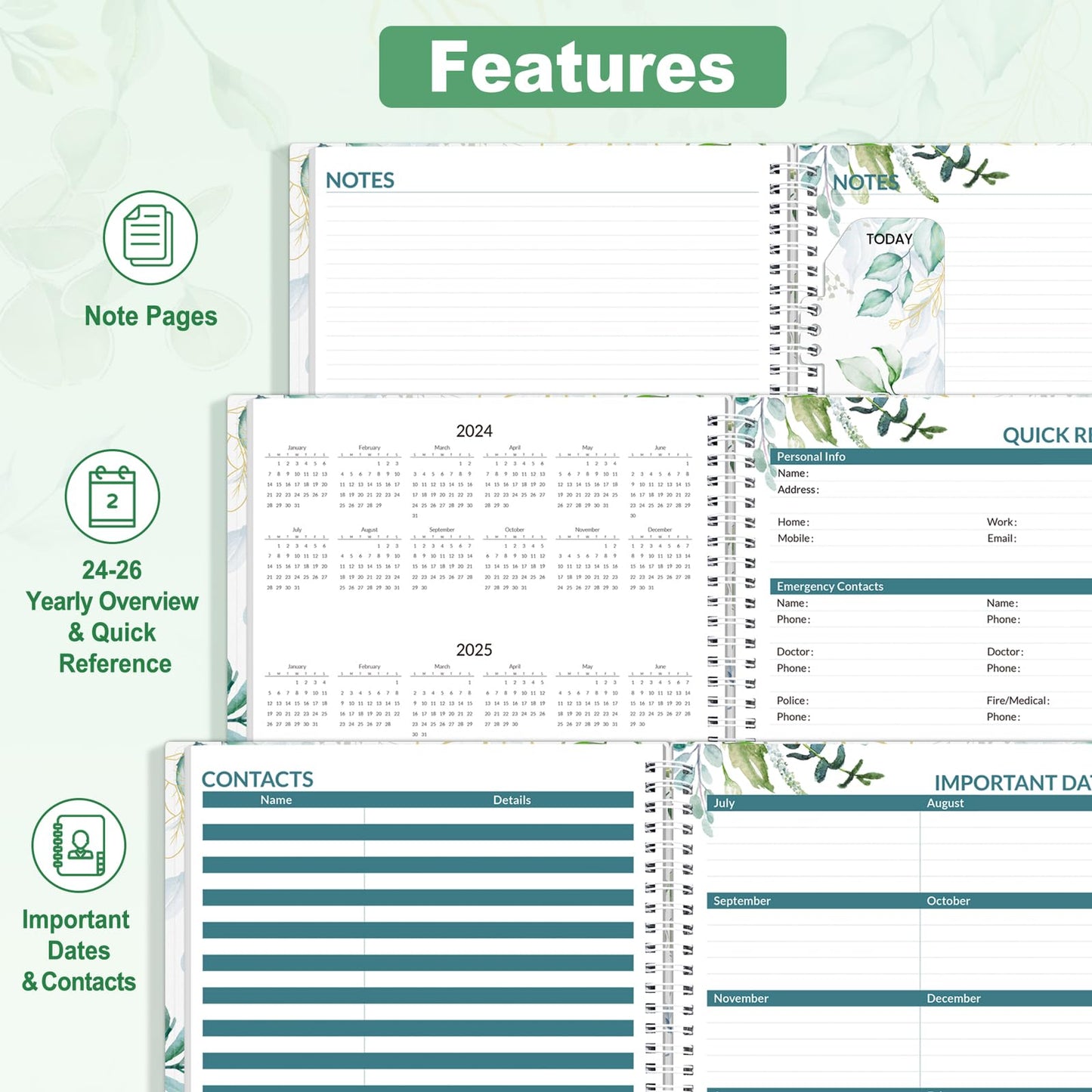 SUNEE Academic Planner 2024-2025 Weekly and Monthly - from August 2024 - December 2025, 8.5"x11" School Year Daily Calendar with Monthly Tab, Flexible Cover, Note Page, Pocket, Bookmark, Greenery