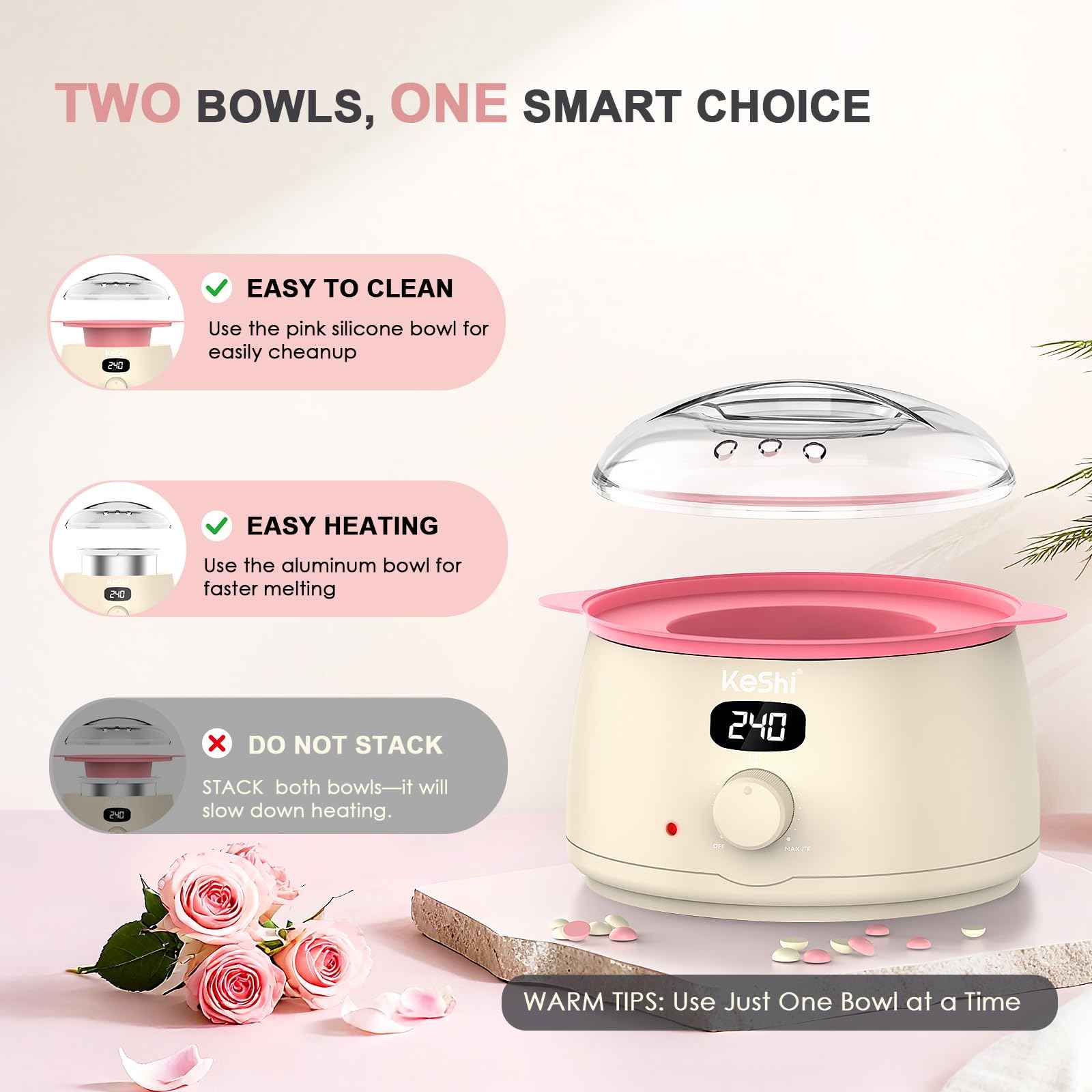 KeShi Waxing Kit for Women and Men, Digital Wax Warmer with 6 Bags Hard Wax Beads, at-Home Hair Removal Wax Kit for Full Body, Face, Eyebrow, Bikini, Legs, Brazilian & Sensitive Skin(Silky Cream)