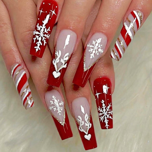 24Pcs Red Christmas Press on Nails Long Coffin Fake Nails French Tip Press on Nails with Elk and Snowflake Design Gold Glitter Acrylic Nails Glossy Glue on Nails Stick on Nails for Women and Girls