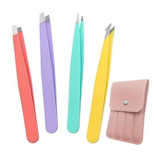 [4+1 Pieces] Tweezers set with pink travel case,Professional Facial Hair Tweezers,Daily Grooming & Plucking Tools for Men & Women,Multi-purpose as Eyebrows Facial Hair Ingrown Hair Removal,Fine Gifts