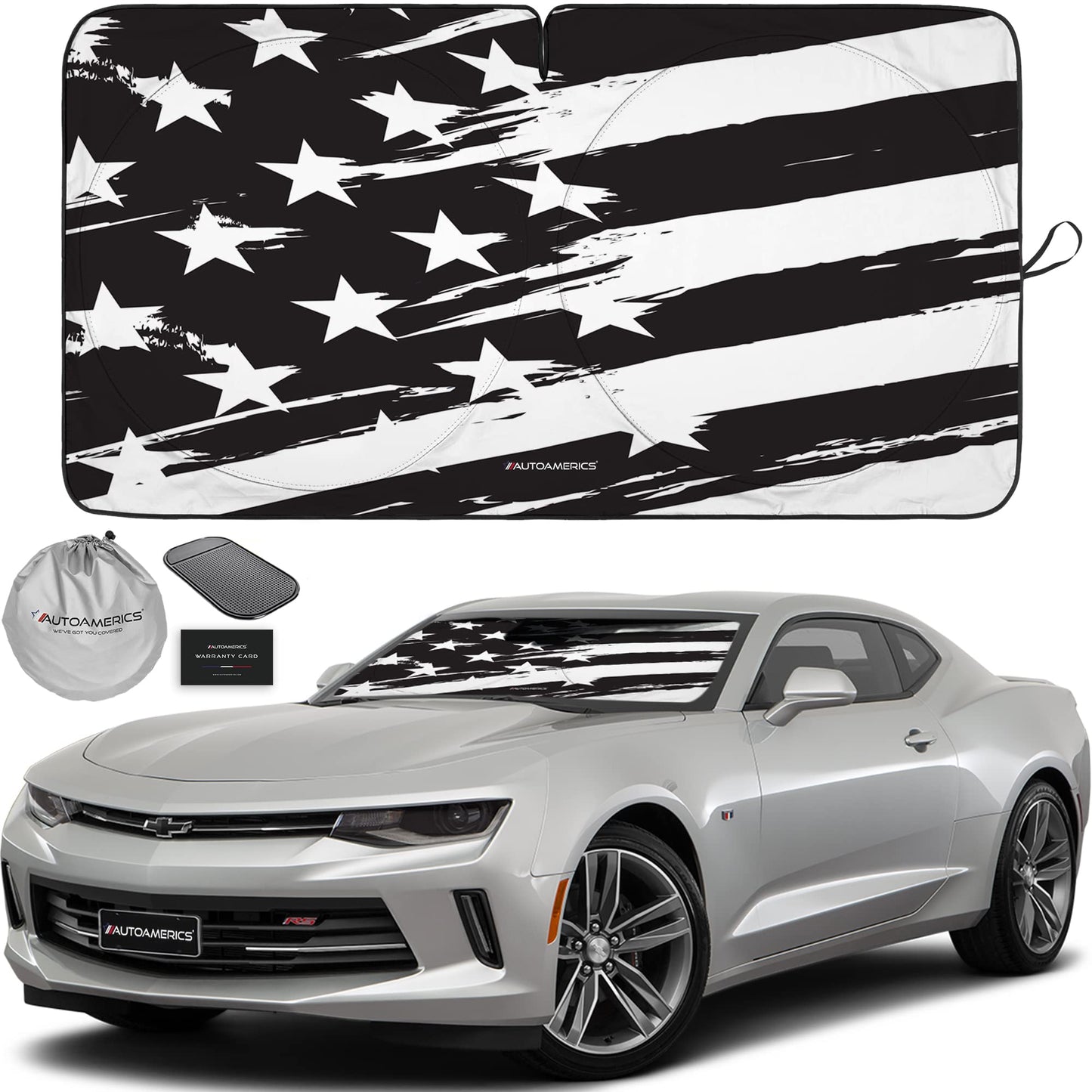 Autoamerics 1-Piece Windshield Sun Shade B&W Art American Flag USA Design - Foldable Car Front Window Sunshade for Most Sedans SUV Truck - Blocks Max UV Rays and Keeps Your Vehicle Cool - Small