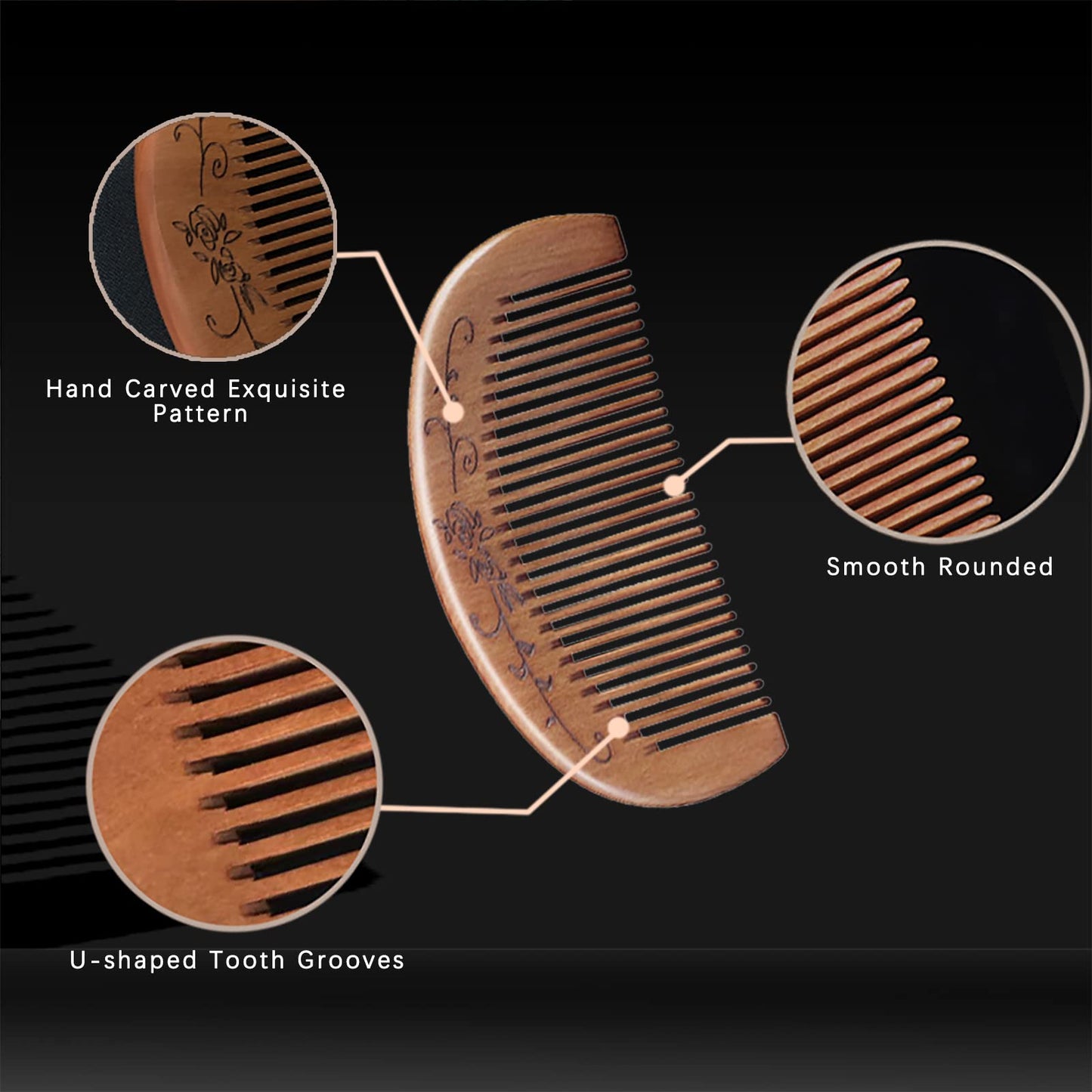 MURTYINL Wooden Hair Combs Fine Tooth Sandalwood Hair Brush Anti-Static Handmade Carved Pattern Pocket-Sized Travel Beard Comb Gift for Women Men Kids with Storage Bags