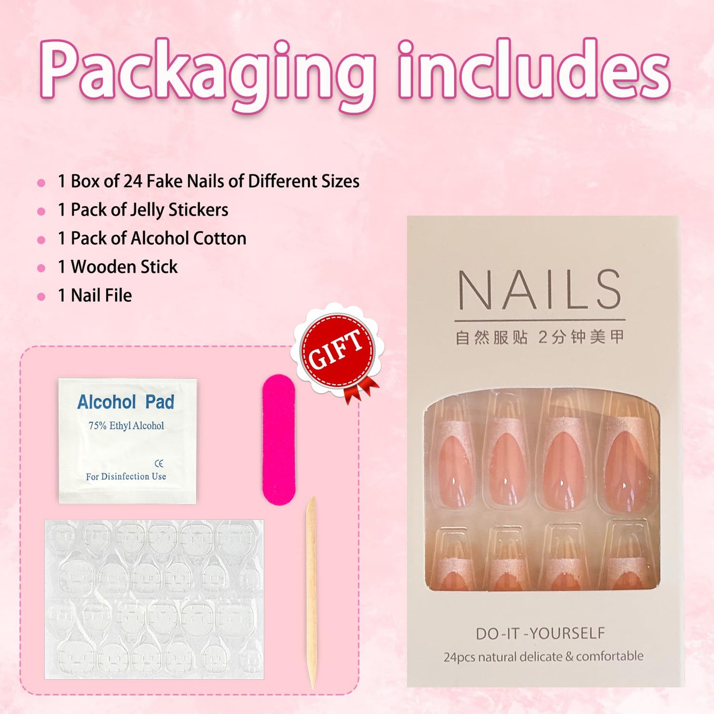 French Tip Fake Nails Medium Square Press on Nails Pink False Nails Glitter with Designs Acrylic Nails Glossy Full Cover Glue on Nails for Women Girls 24Pcs