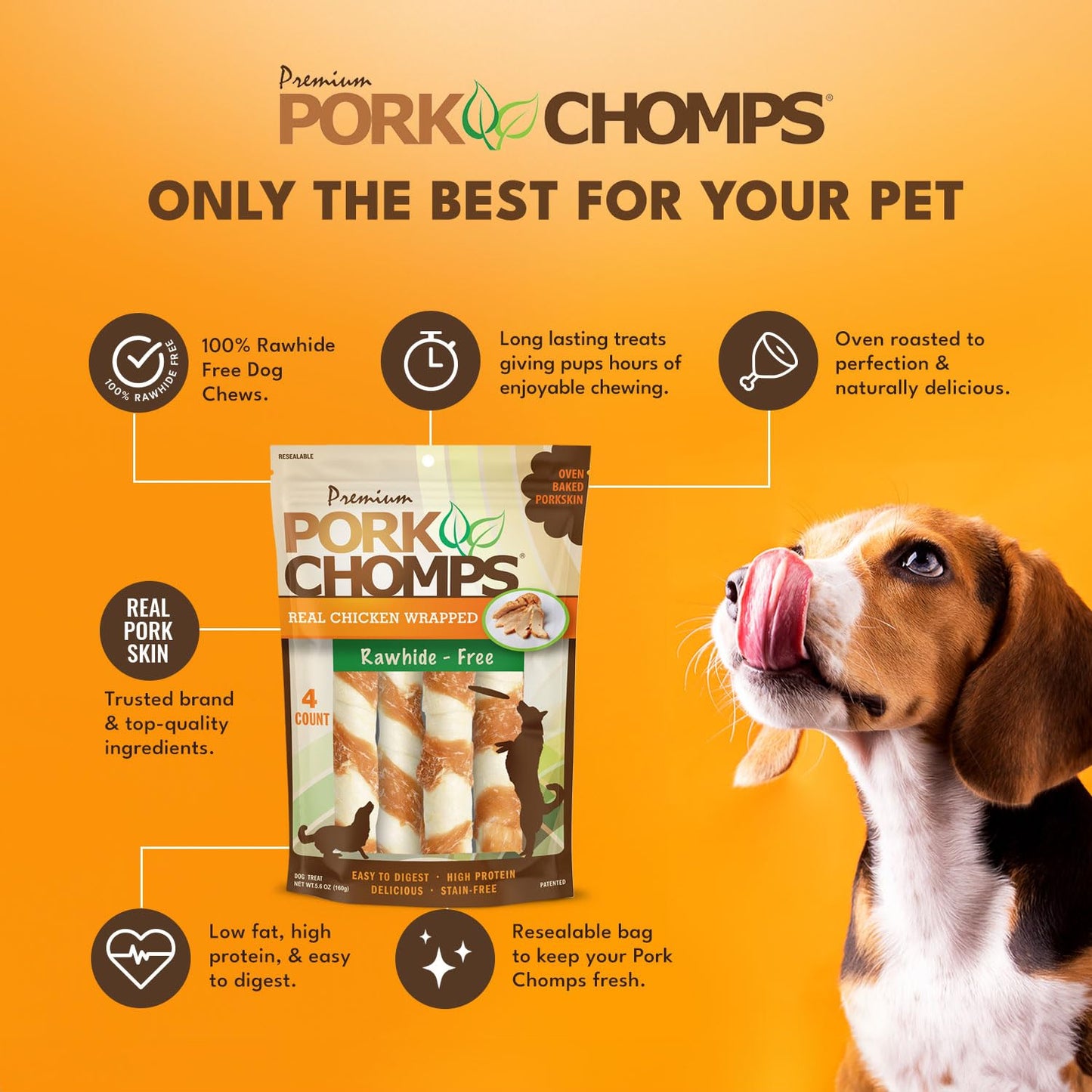 Pork Chomps Baked Pork Skin Dog Chews, 6-inch Twists, Real Chicken Wrap, 4 Count