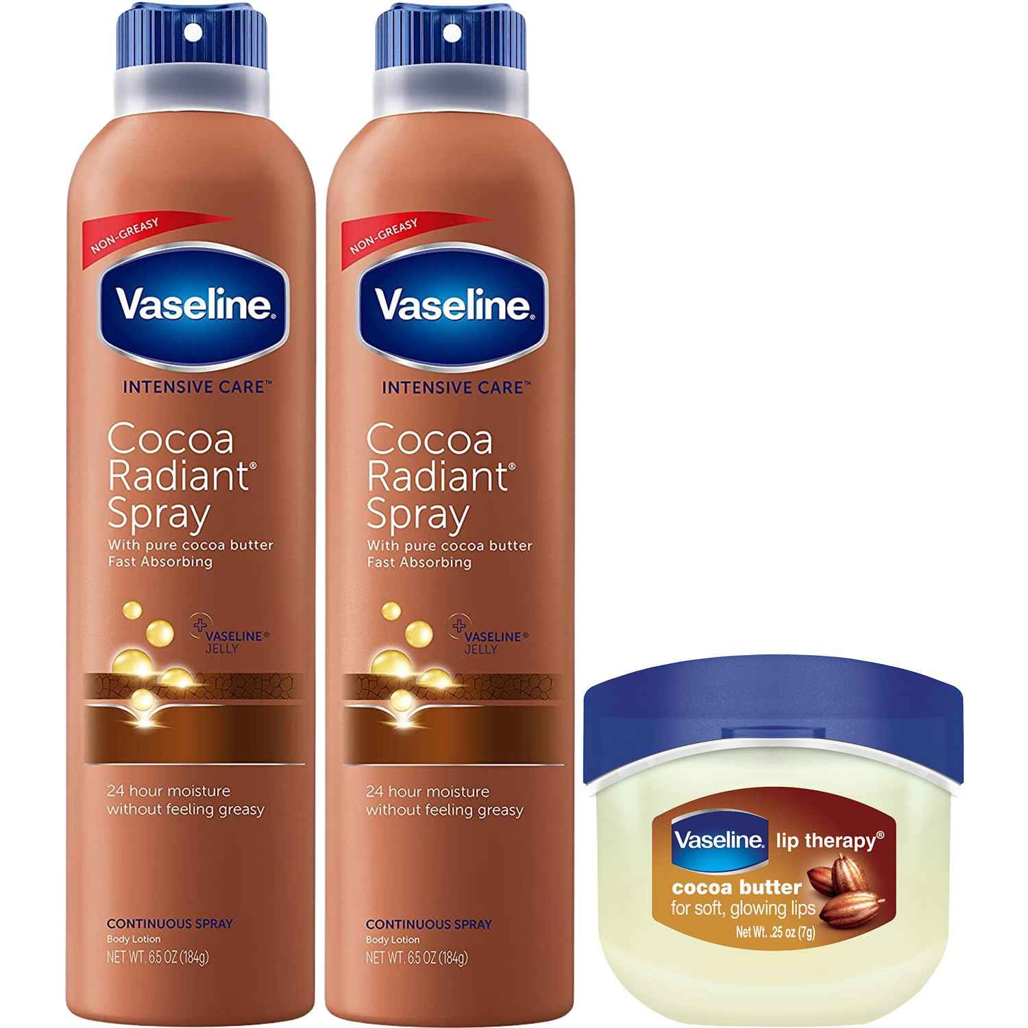 Vaseline Cocoa Radiant Spray Body Lotion 2-Pack + Mini Lip Therapy for Soft, Glowing Skin & Lips
