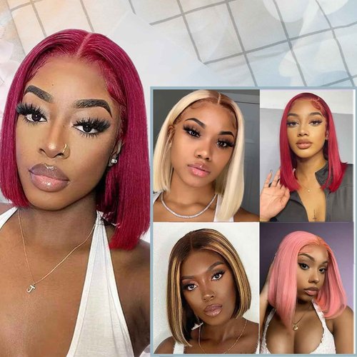 99J Burgundy Lace Front Wigs Human Hair Reddish Brown 13x4 Short Straight Bob Wig 180% Density HD Pre Plucked Glueless Lace Front Human Hair Wine Red bob wig Bleached Knots Natural Hairline 10Inch