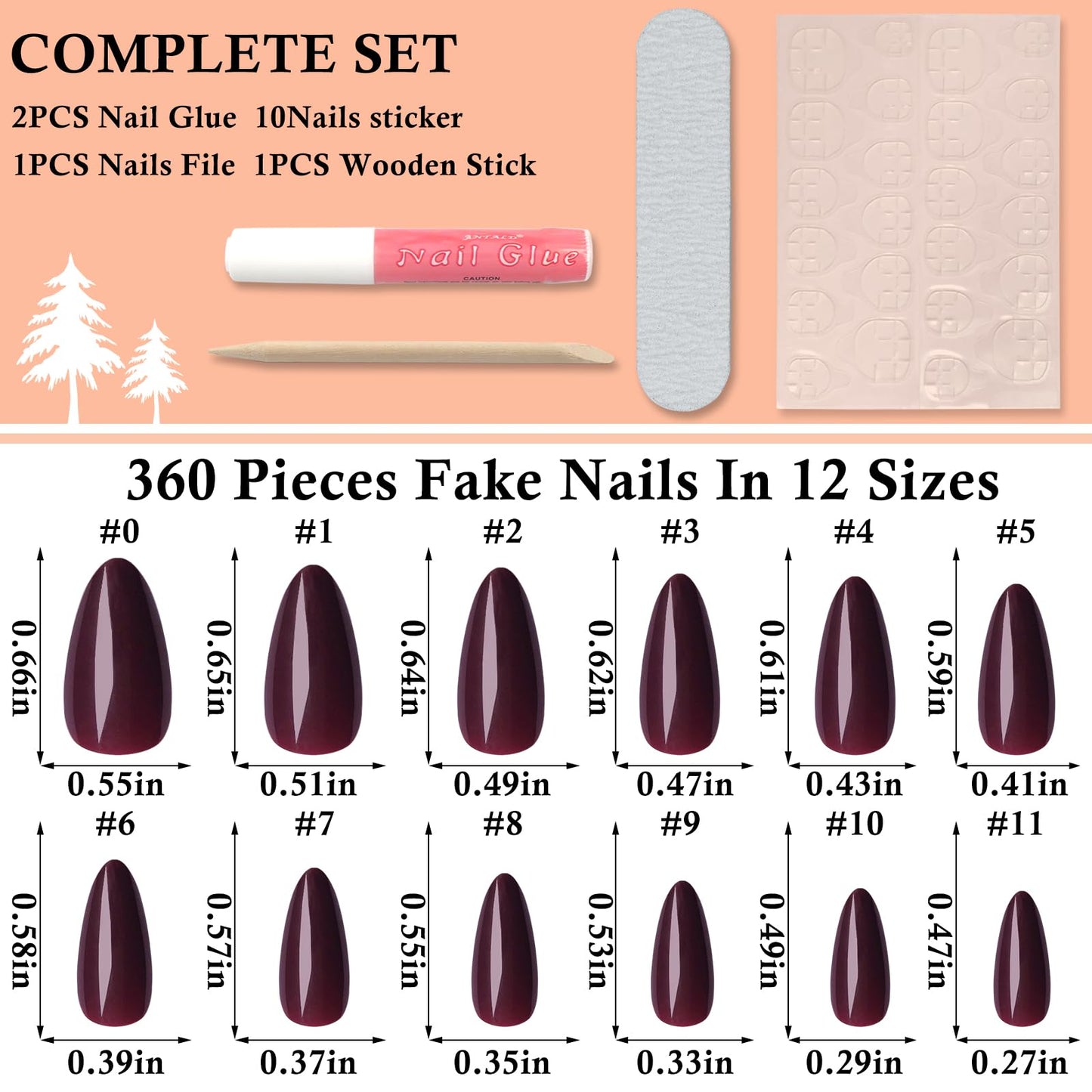 LoveOurHome 360pc Almond Press on Nails Medium Fake Nails Christmas Glue on Nail Tips Full Cover Almond False Nail Burgundy Acrylic Nails Press ons Nail Almond & Glue Adhesive Tabs for Women Girls