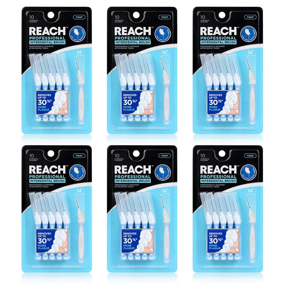 Reach Interdental Brush Cleaners, 1mm, Tight, Sensitive Gum Protection, Plaque Remover for Teeth, Braces Flossers, Braces Brush, Dental Toothbrushes, Oral Care, 6 Pack, 10 Count