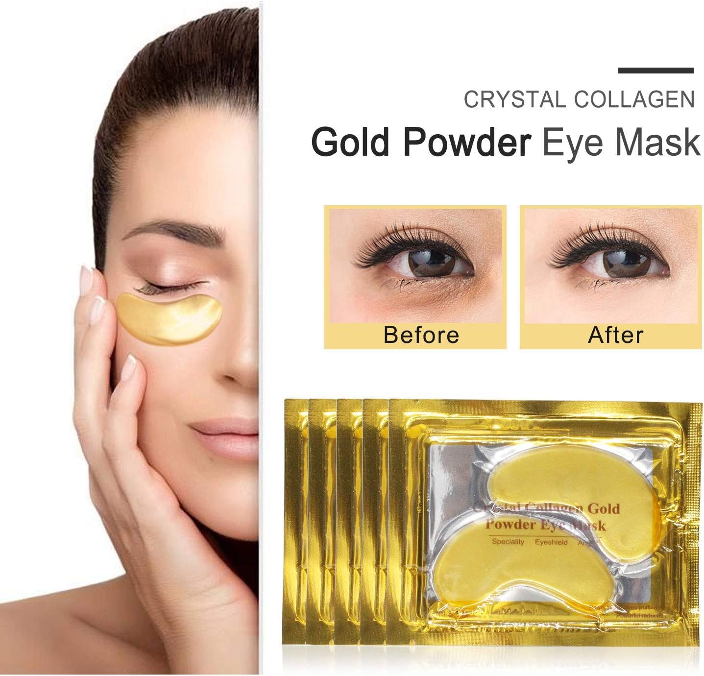 JHSLCHA Gold Eye Mask for Dark Circles and Puffiness, 25 Pairs Under Eye Bags, Wrinkles, 24k Gold Under Skincare Eye Treatment Patches for Puffy Eyes