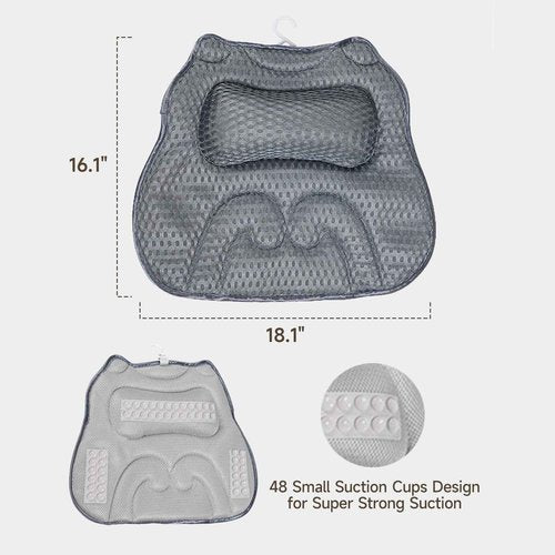 Bath Pillow with 48 Strong Suction Cups - 4D Air Mesh Bathtub Pillow for Neck, Head, Shoulder & Back Support - Extra Thick, Quick-Drying Spa Pillow with Built-in Hook(Grey)