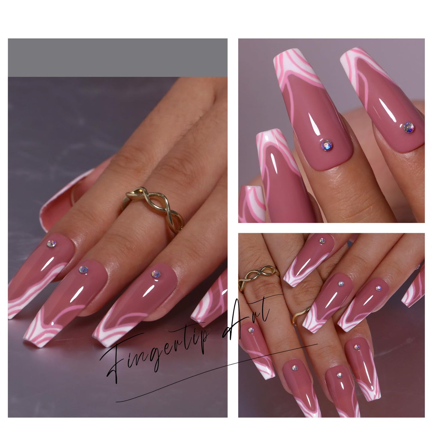 Press on Nails Long Coffin Pink Wavy Swirl Lines Bling Rhinestones White French Tip Handmade Fake Nails XL, Reusable Glossy Gel False Nail Full Cover Stick on Nail Manicure for Women-14pcs, L