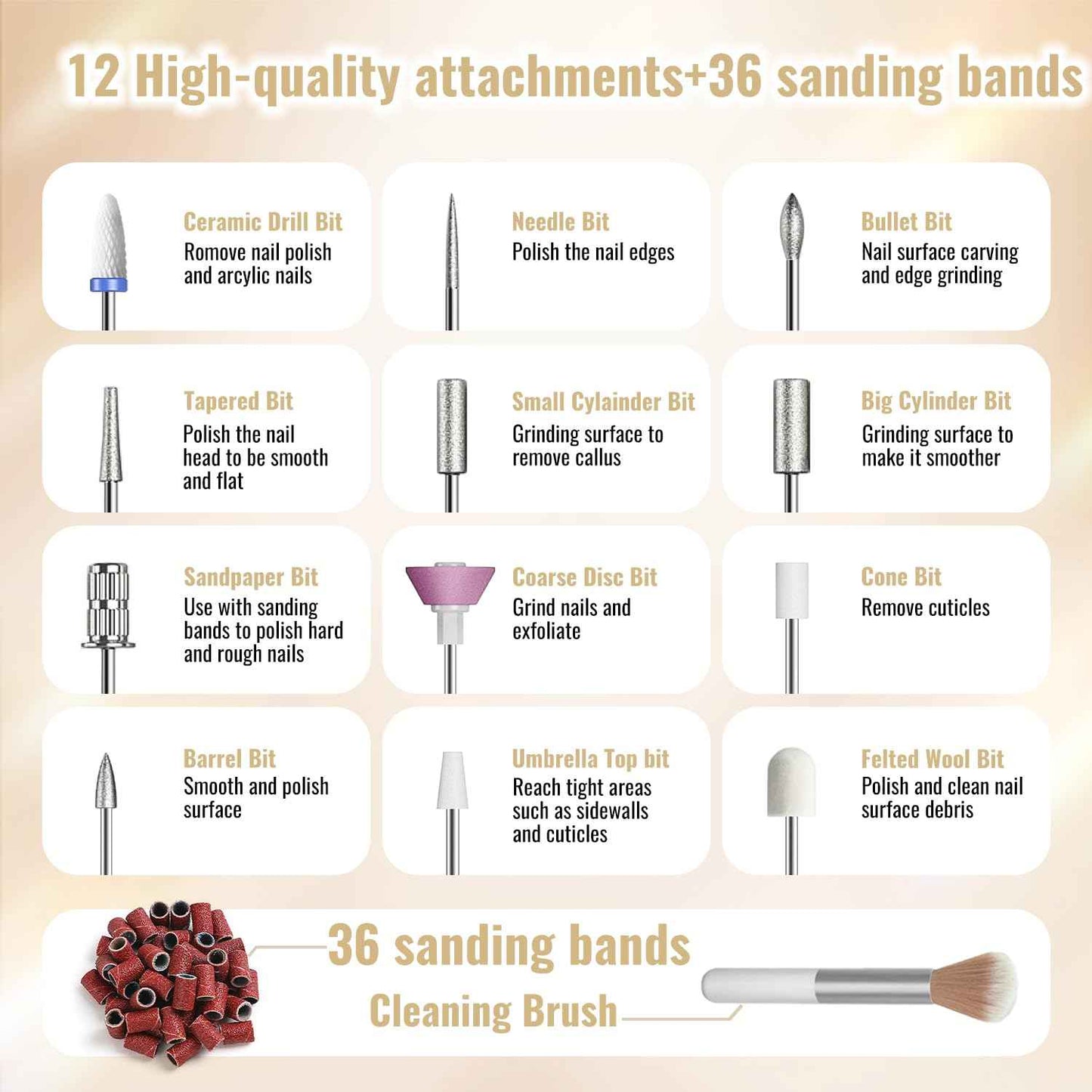 Denabuty Electric Nail Drill Cordless, 35000RPM Portable Electric Nail File with LCD Display and 12 Nail Drill Bits for Acrylic & Gel Nails, Professional Manicure & Pedicure Kit Set Golden