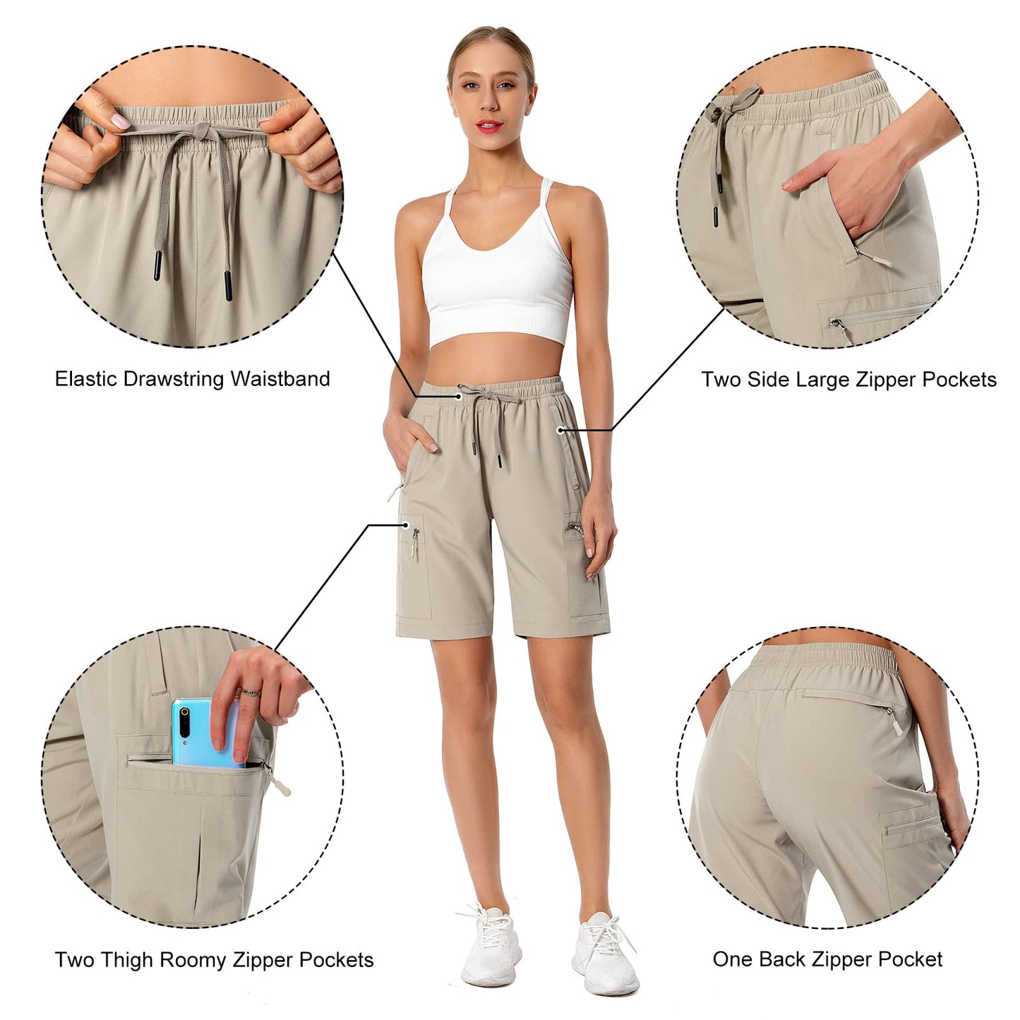 Women's Lightweight Hiking Cargo Shorts Quick Dry Athletic Shorts for Camping Travel Golf with Zipper Pockets Water Resistant Khaki