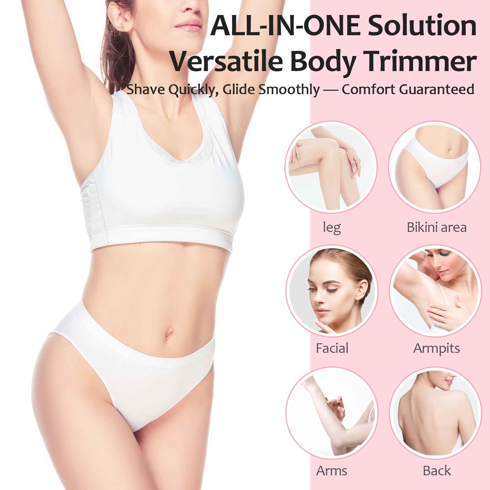 Bikini Trimmer for Women, 2 in 1 Dermave Bikini Shaver with LED Display, Electric Razors for Women, IPX7 Waterproof Wet Dry Use Body Hair Trimmer for Ladies Pubic, Legs, Face, Underarms (Pink)