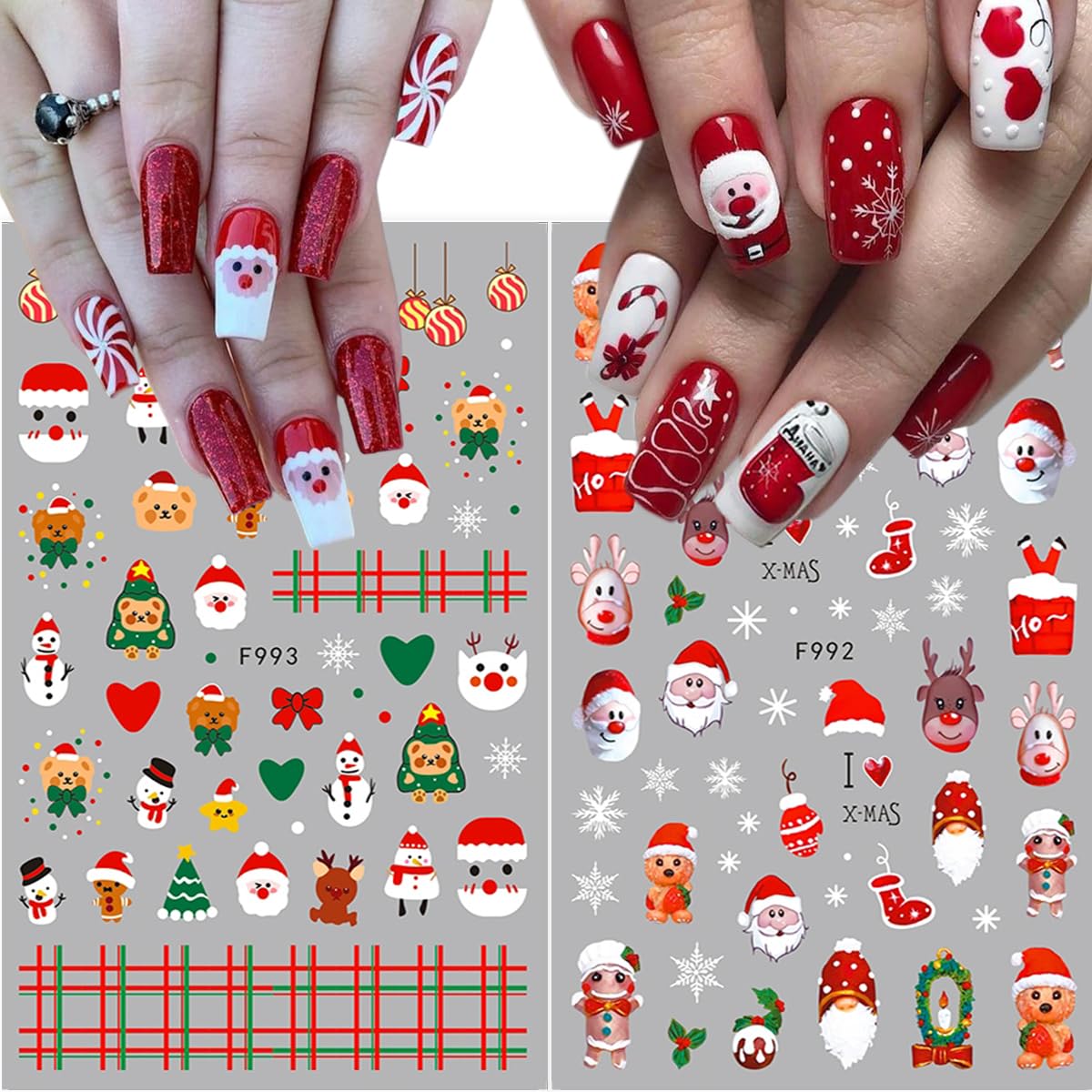 10 Sheets Christmas Nail Art Stickers Decals 3D Santa Claus Elk Nail Stickers Cute Cartoon Designs Stickers Winter Holiday Nail Decals for Women Girls Acrylic Nail Supplies Xmas Manicure Decoration