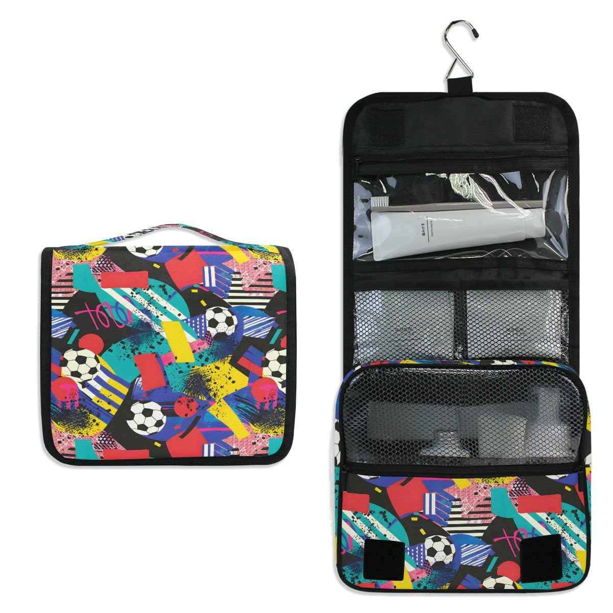 Hanging Travel Toiletry Bag Kit Boys Makeup Case Cosmetics Organizer for Men Women (Inspired Soccer Bright Colors)