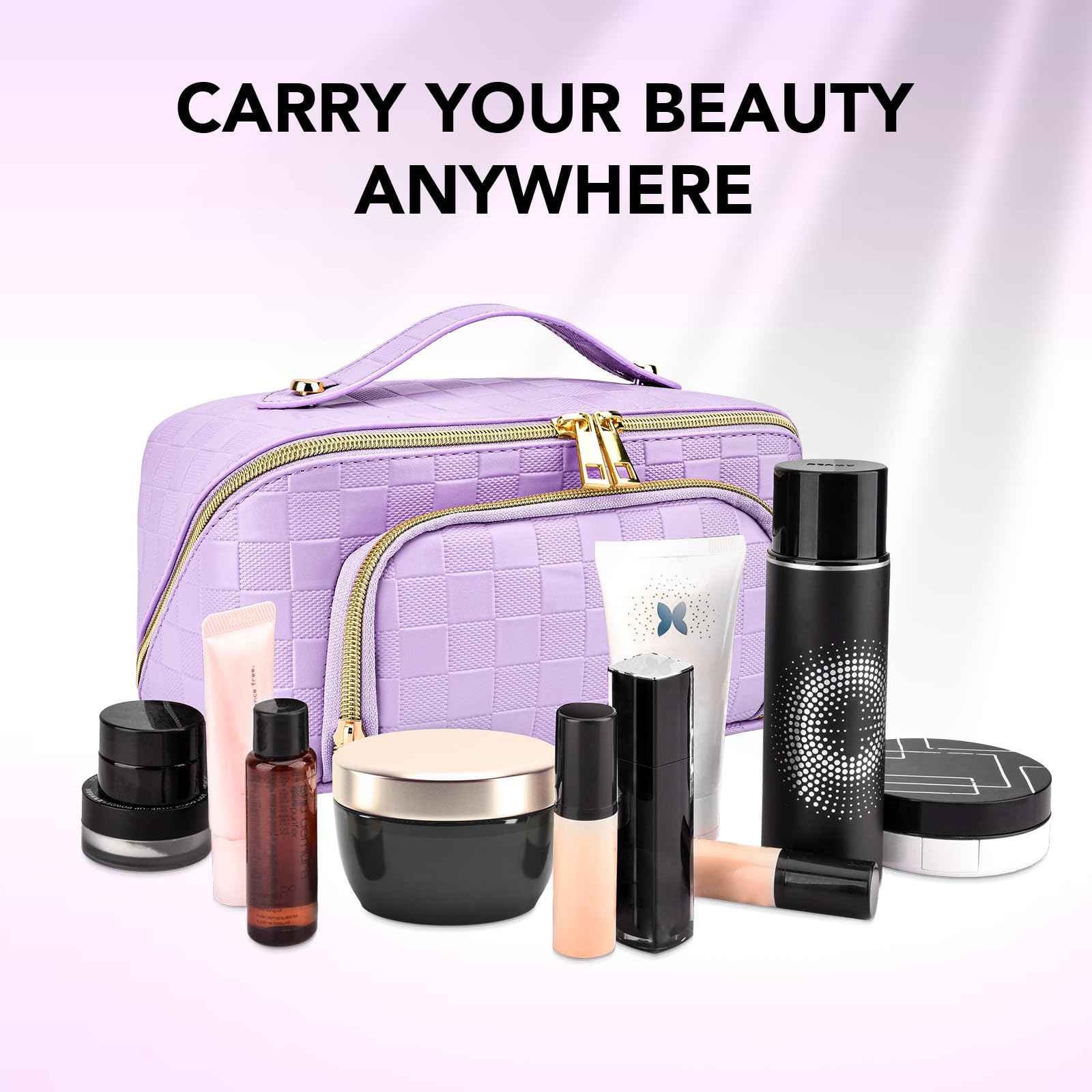 Travel Makeup Bag for Women, Large Capacity PU Leather Waterproof Checkered Cosmetic Bags, Portable Pouch Open Flat Toiletry Bag, Make up Organizer with Divider and Handle, Purple