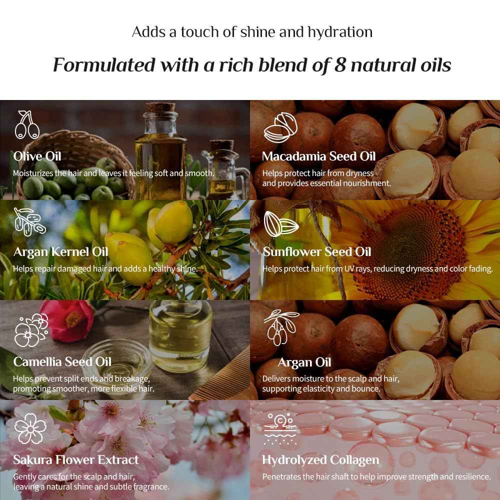 BnD Blooming SAKURA Argan & Collagen Hair Oil 80ml – Lightweight Leave-in Treatment for Dry & Frizzy Hair, Smooth Finish, Non-Greasy, UV Protection, Floral Scent, Nourishing Oil – Korean Beauty