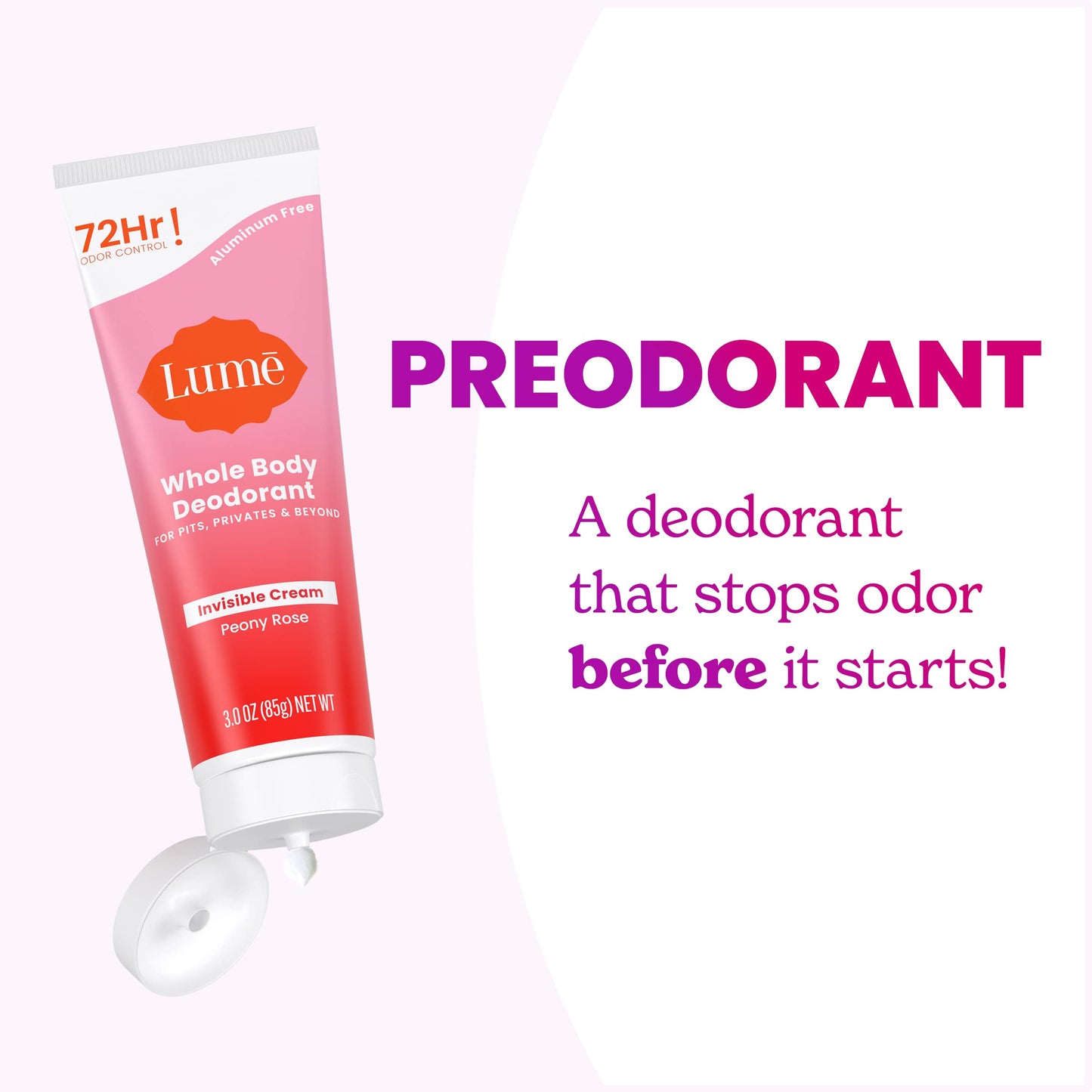 Lume Whole Body Deodorant - Invisible Cream Tube - 72 Hour Odor Control - Aluminum Free, Baking Soda Free, Skin Safe - 3.0 ounce (Peony Rose)