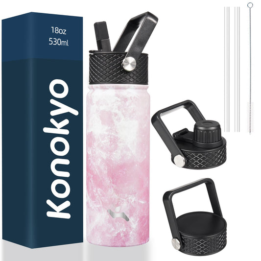 Konokyo Insulated Water Bottle with Straw,18 oz 3 Lids Metal Bottles Stainless Steel Water Flask,Marble Blossom