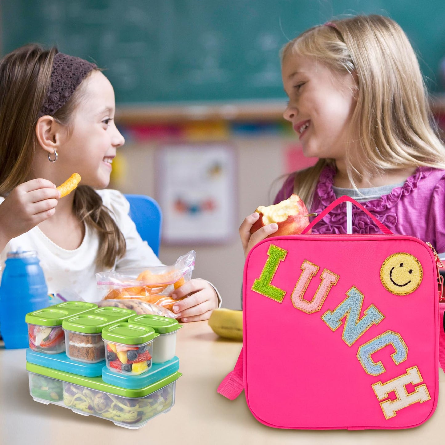 Insulated Lunch Bag With Adjustable Shoulder Strap, Nylon Preppy Lunch Box Large Insulated Lunch Bag Reusable Lunch Tote Bag with Smiley Preppy LunchBag for Girls School Travel Picnic (Rosy Red)