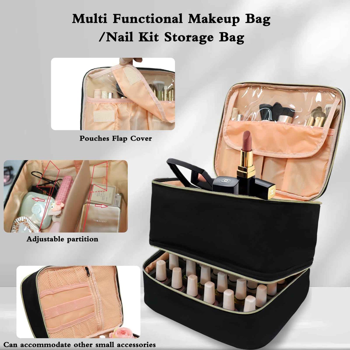 LIVEBAY Nail Polish Organizer Bag, Double-Layer Nail Supplies Organizer Holds 30 Bottles & Nail Lamp, Professional Nail Kit Storage Carrying Case (Black)