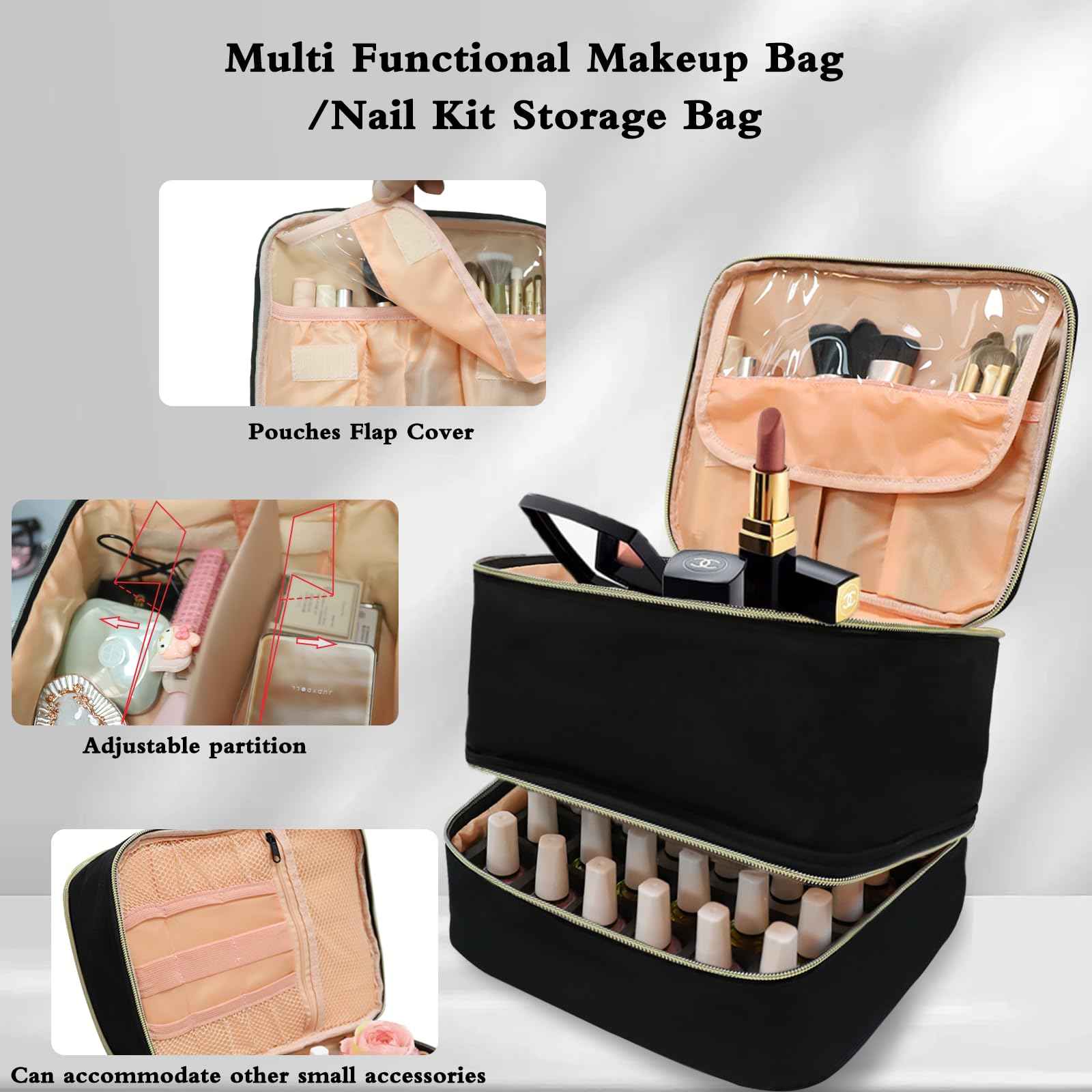 LIVEBAY Nail Polish Organizer Bag, Double-Layer Nail Supplies Organizer Holds 30 Bottles & Nail Lamp, Professional Nail Kit Storage Carrying Case (Black)