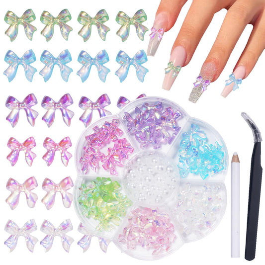 Assorted Color AB Bows Nail Charms Pink White Purple Blue Green Bowknot 3D Cute Nail Charms White Flatback Nail Pearls for Nail Art Manicure DIY Crafts Jewel Accessories