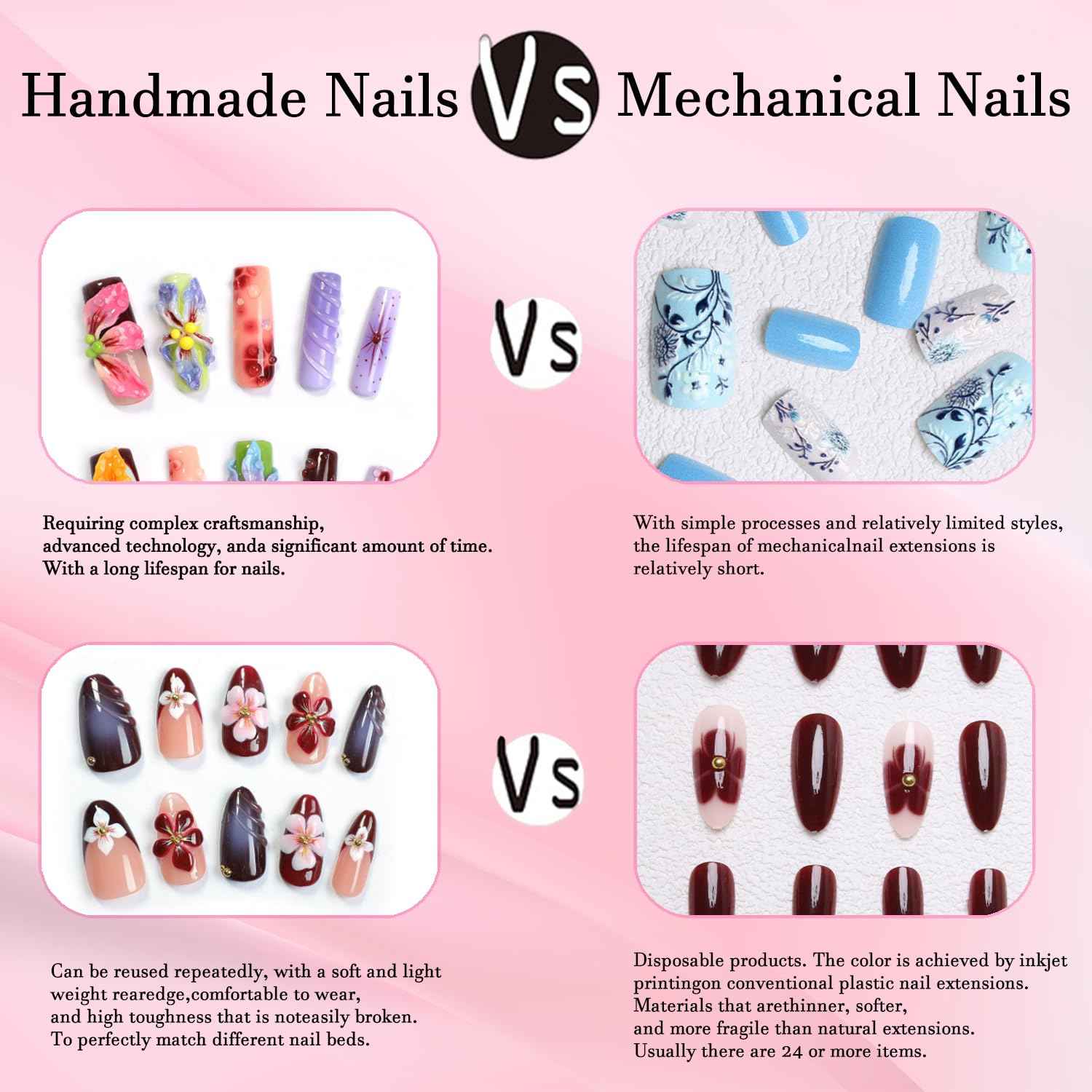 10 Pcs Duck Press on Nails Medium Fake Nails Sea Waves Pink French Tip Handmade False Nails with Glue, with 3D Golden Heart Design Artificial Acrylic Stick on Nails for Women（M）