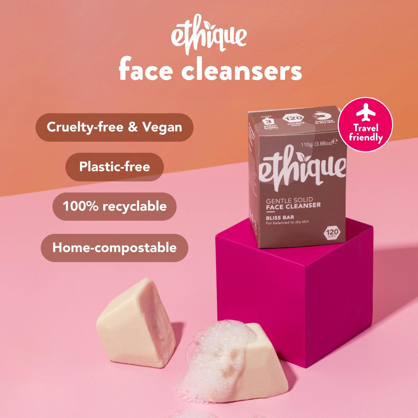 Ethique Gentle Solid Face Cleanser for Balanced to Dry Skin - Bliss Bar - Plastic-Free, Vegan, Cruelty-Free, Eco-Friendly, 3.88 oz (Pack of 1)