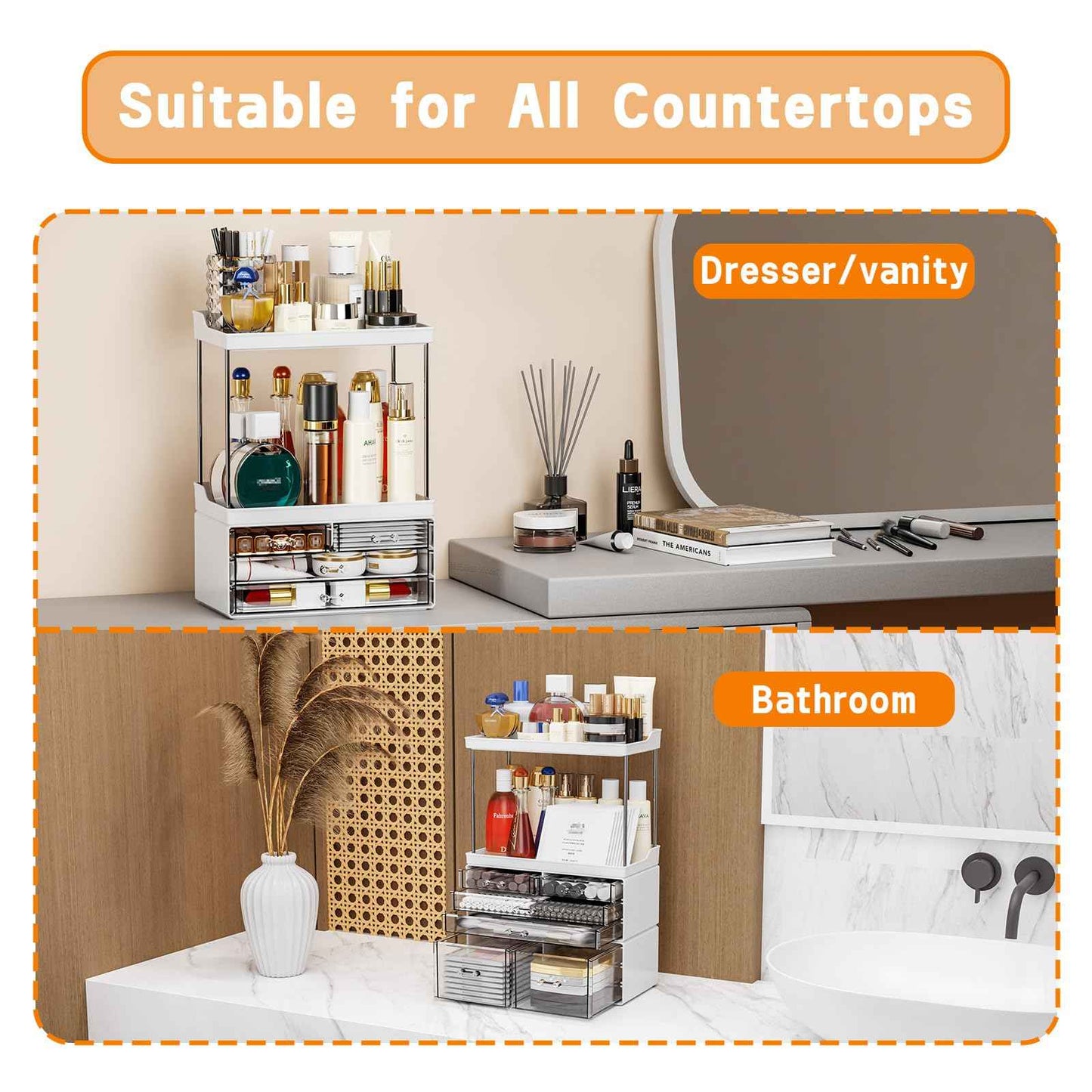 Yieach Bathroom Counter Organizers and Storage,White Acrylic Makeup Organizers with Drawers for Vanity,Bedroom,Plastic Skincare Organizer for Dresser Top Beauty,Cosmetic,Lotion and Perfume Organizer