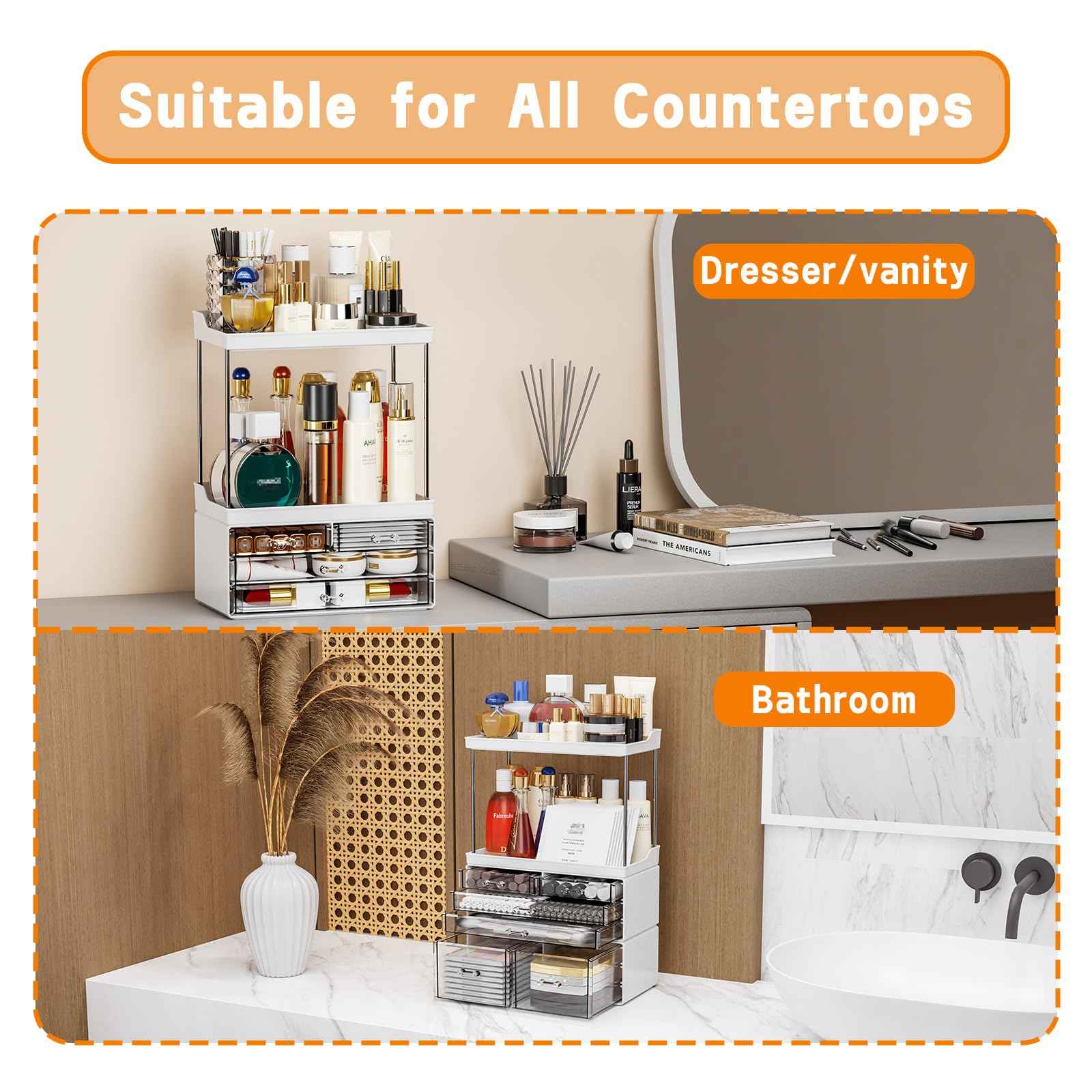 Yieach Bathroom Counter Organizers and Storage,White Acrylic Makeup Organizers with Drawers for Vanity,Bedroom,Plastic Skincare Organizer for Dresser Top Beauty,Cosmetic,Lotion and Perfume Organizer