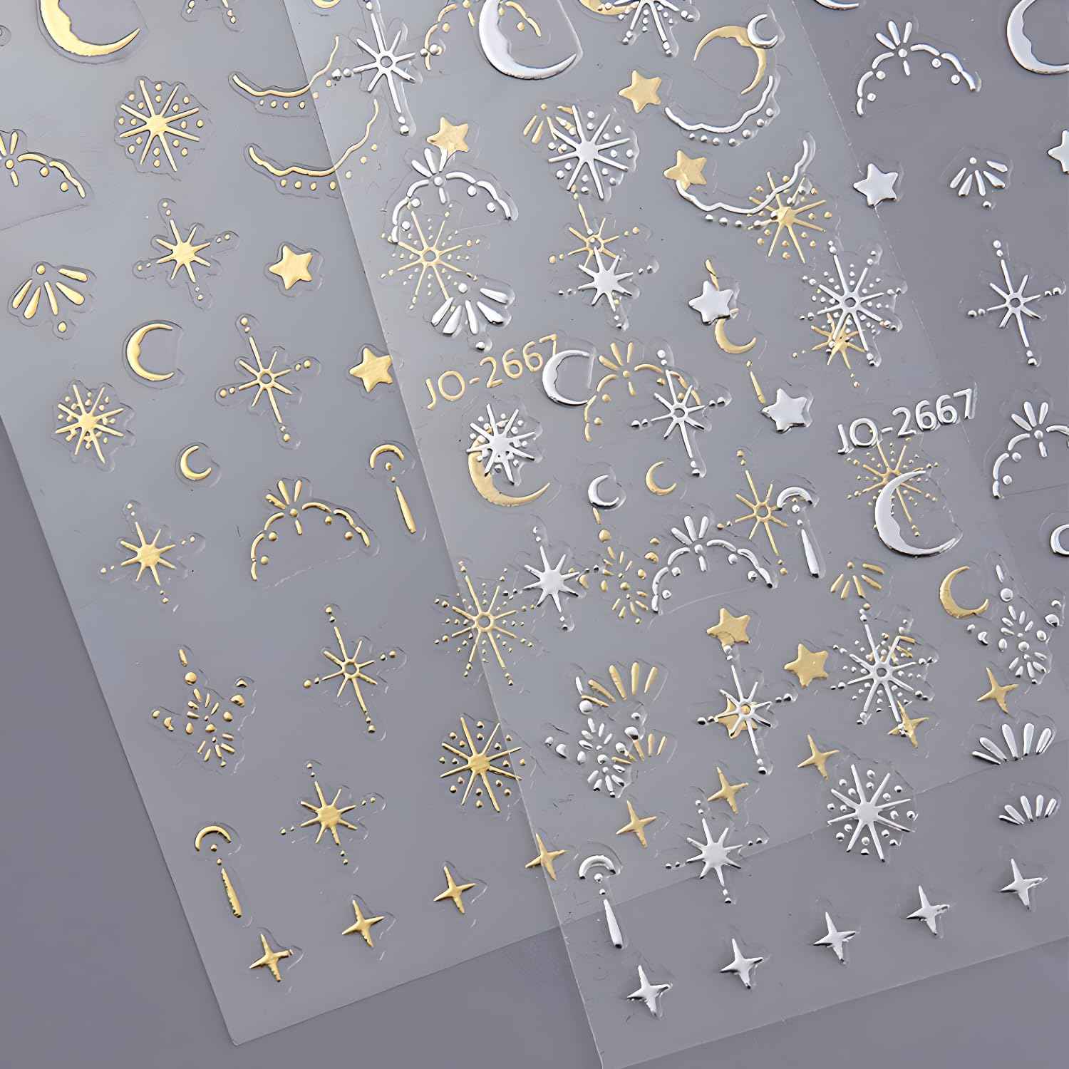 12 Sheets Silver Gold Moon Star Nail Art Stickers - 3D Self Adhesive Decals for Design and Decoration - Supplies Accessories for Women