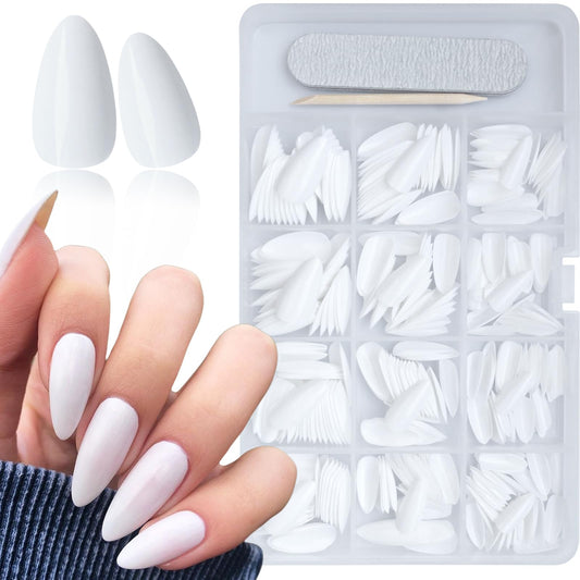 Bellelfin 360pcs Almond Press on Nails, Medium Length Fake Nails Glossy White False Nails Acrylic Nails Press Ons with 10 Sheets Adhesive Tabs for Women Girls Fingernails Design