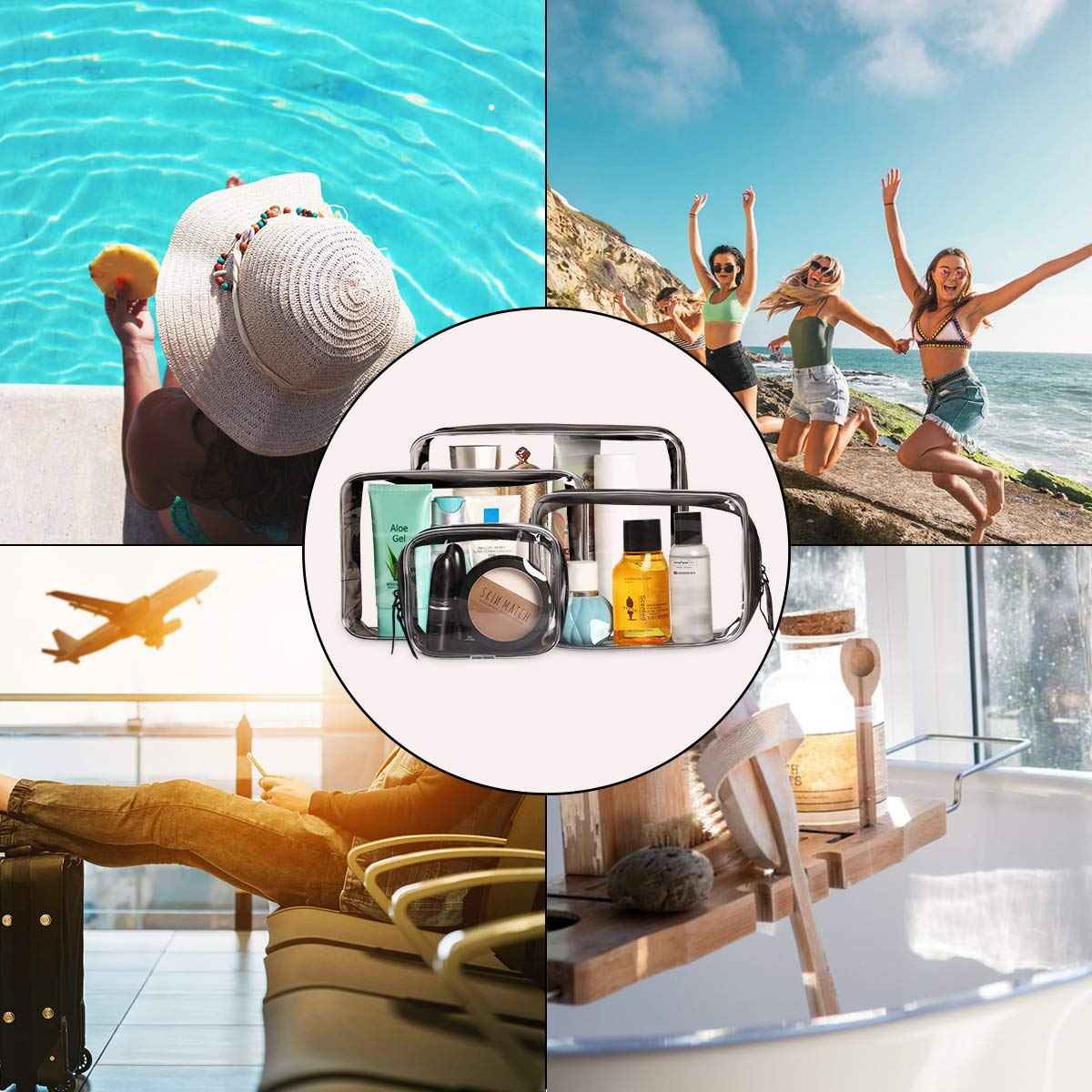 Clear Black Makeup Bags, 4pcs Cosmetic Makeup Bags Set TSA Approved Transparent Travel Toiletry Bag Waterproof Leakproof Carry On Airport Airline Cosmetic Organizer Pouch with Zipper for Women Men