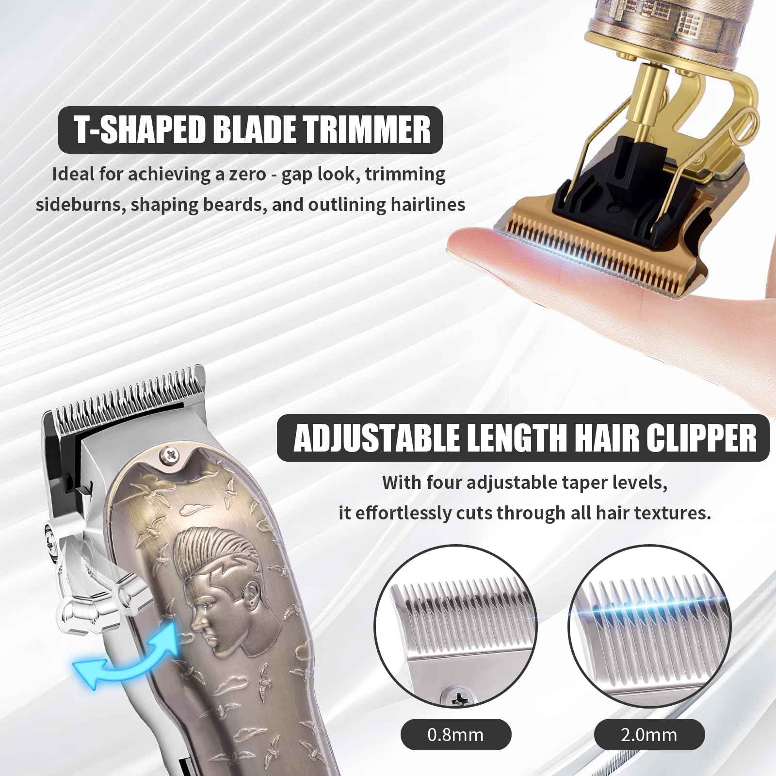 Professional Hair Clipper Set, Men's Hair Clipper, T-Shaped sideburn Trimmer, Electric Shaver, Beauty Salon kit for Hair Cutting and Shaving. (Gold)