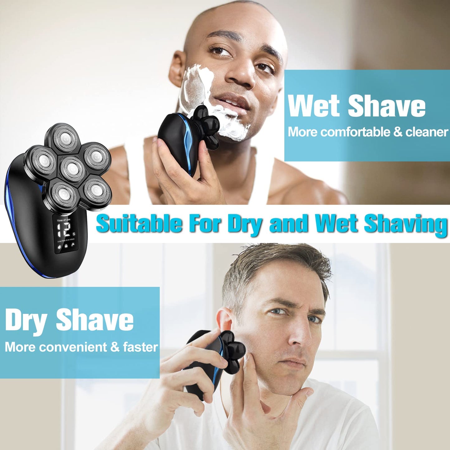 Electric Head Shaver for Bald Men, 6 in 1 Mens Electric Head Razor Bald Head Shaver Cordless Electric Razor Men, IPX7 Wet/Dry Waterproof Rotary Shaver with Head Shaver Kit LED Display