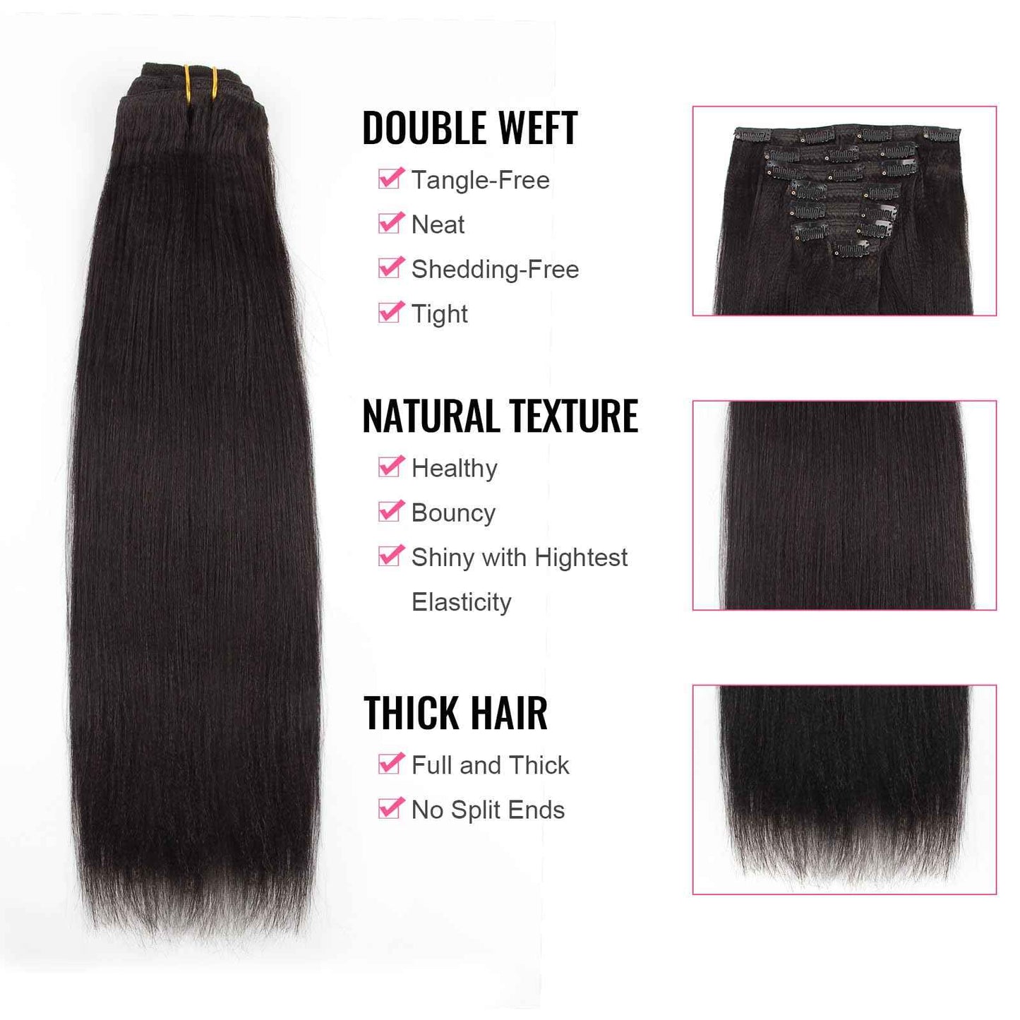 ABH AmazingBeauty Hair Yaki Straight Clip Ins Human Hair Extensions for Black Women Natural Black Light Yaki Clip ins 7 Pieces 120 Gram Per Set, 12 Inch